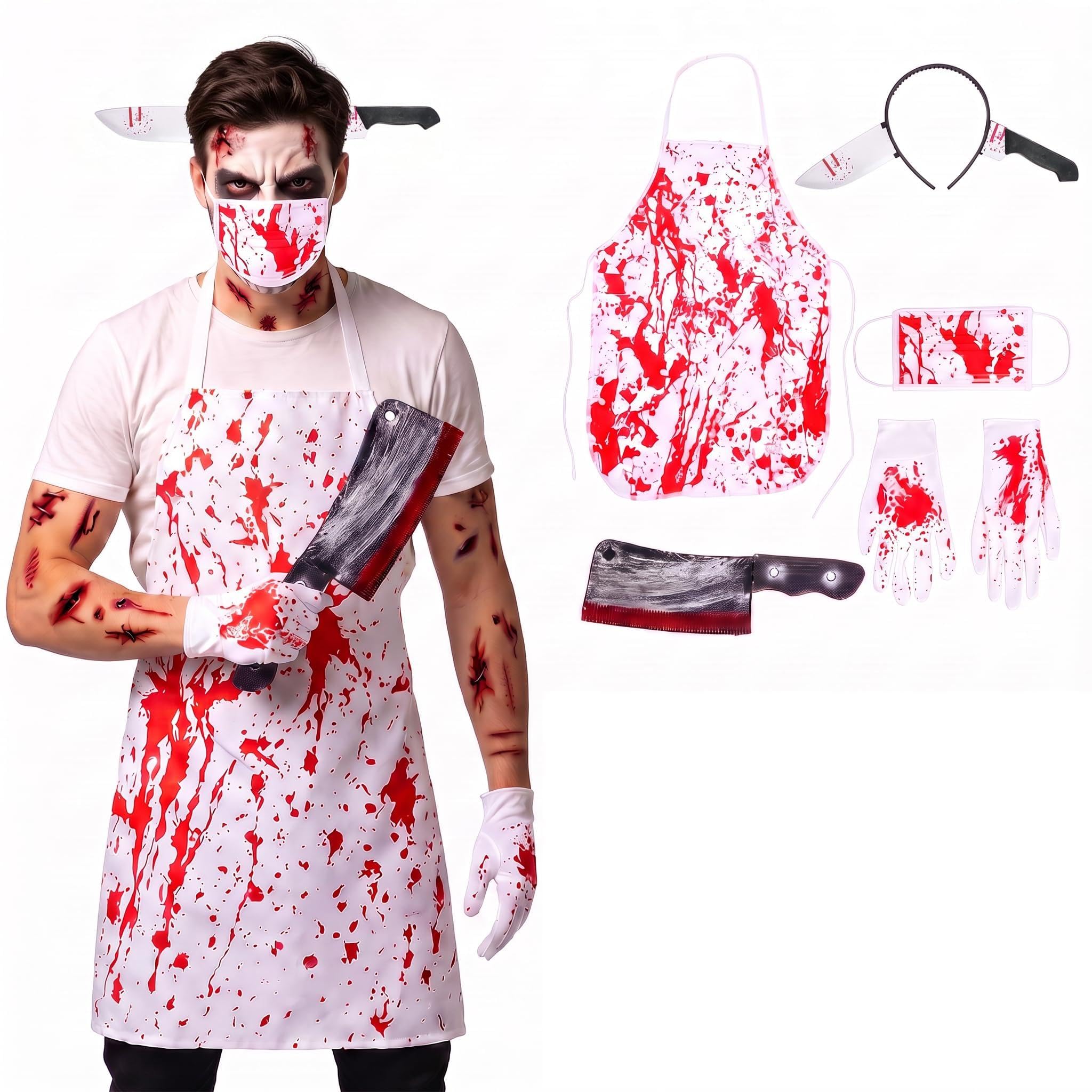 YCDKK Halloween Butcher Costume Set for Men, White Blood Splatter Apron with Cleaver Headband, Complete Horror Fancy Dress Kit Includes Gloves, Mask, Wound Tattoos and Plastic Knife Prop