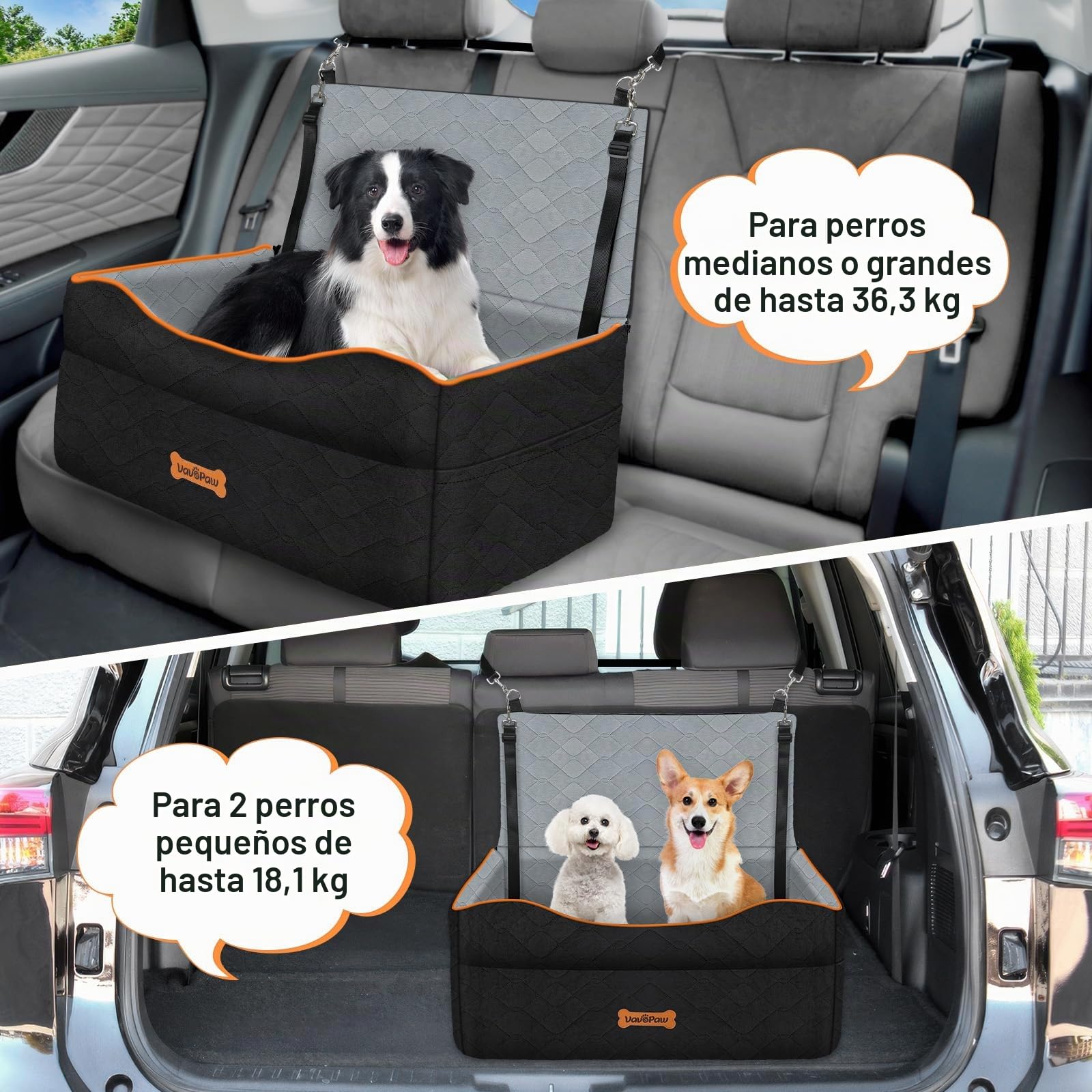 VavoPaw Asiento de Coche para Perro, Asiento Elevador Impermeable con Correa de Seguridad y Cojín Grueso, Cama Extraíble en Asientos Trasero para Mascotas Perro Mediano para Viajar