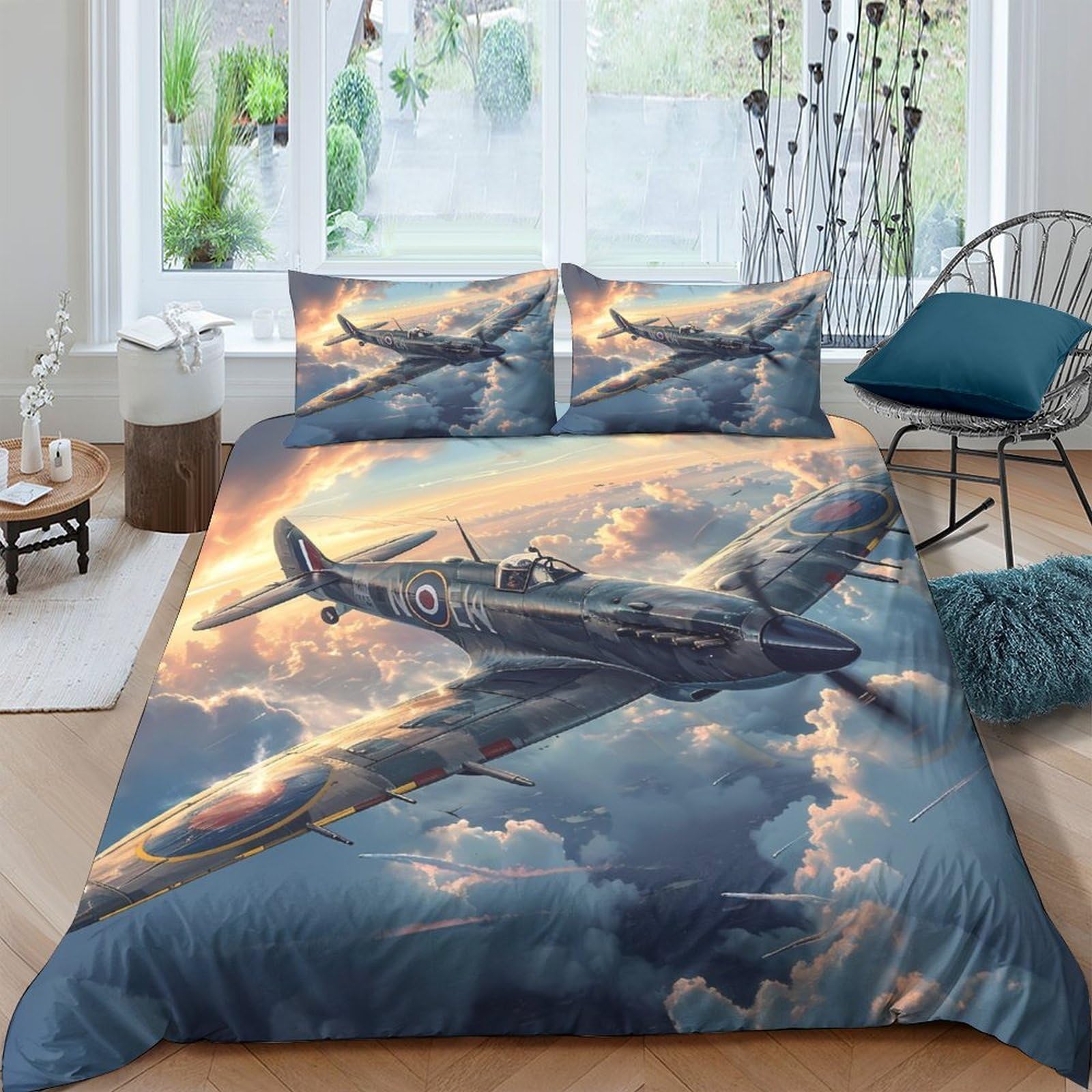 3D Print Skin-Friendly Microfibre Vintage fighter plane Bed Quilt Cover Easy Care Bedding Pillowcases WWII aerial combat Quilt Cover Set All Season Breathable Washable Home Decor Double(200x200cm)