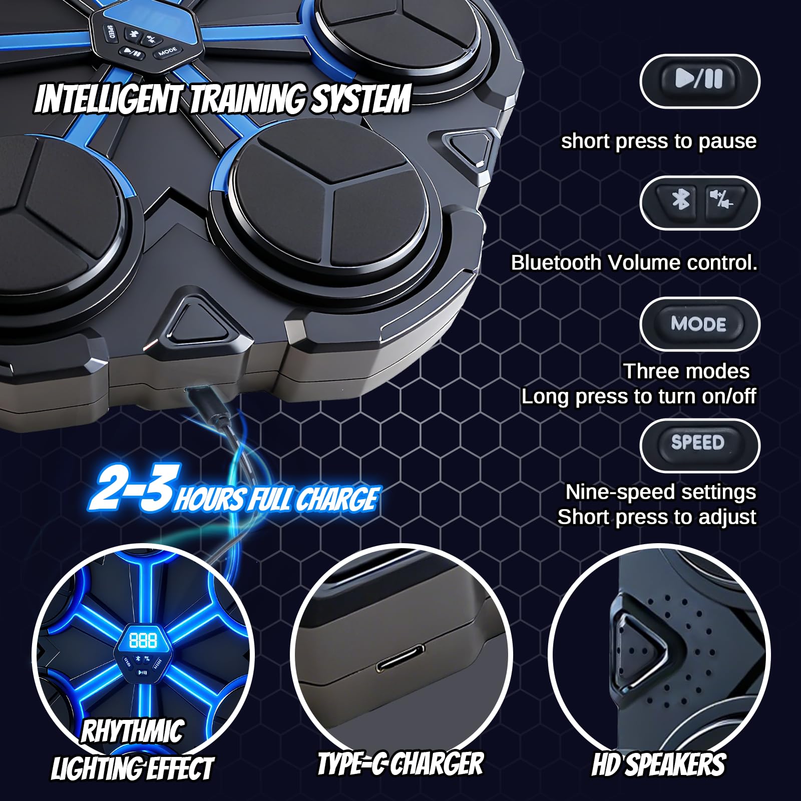 Entrenador de boxeo musical Bluetooth con luces LED, saco de boxeo de silicona de 9 niveles, montaje en pared, juego de fitness con guantes, 3 modos, regalo para adultos/niños, regalo para Navidad