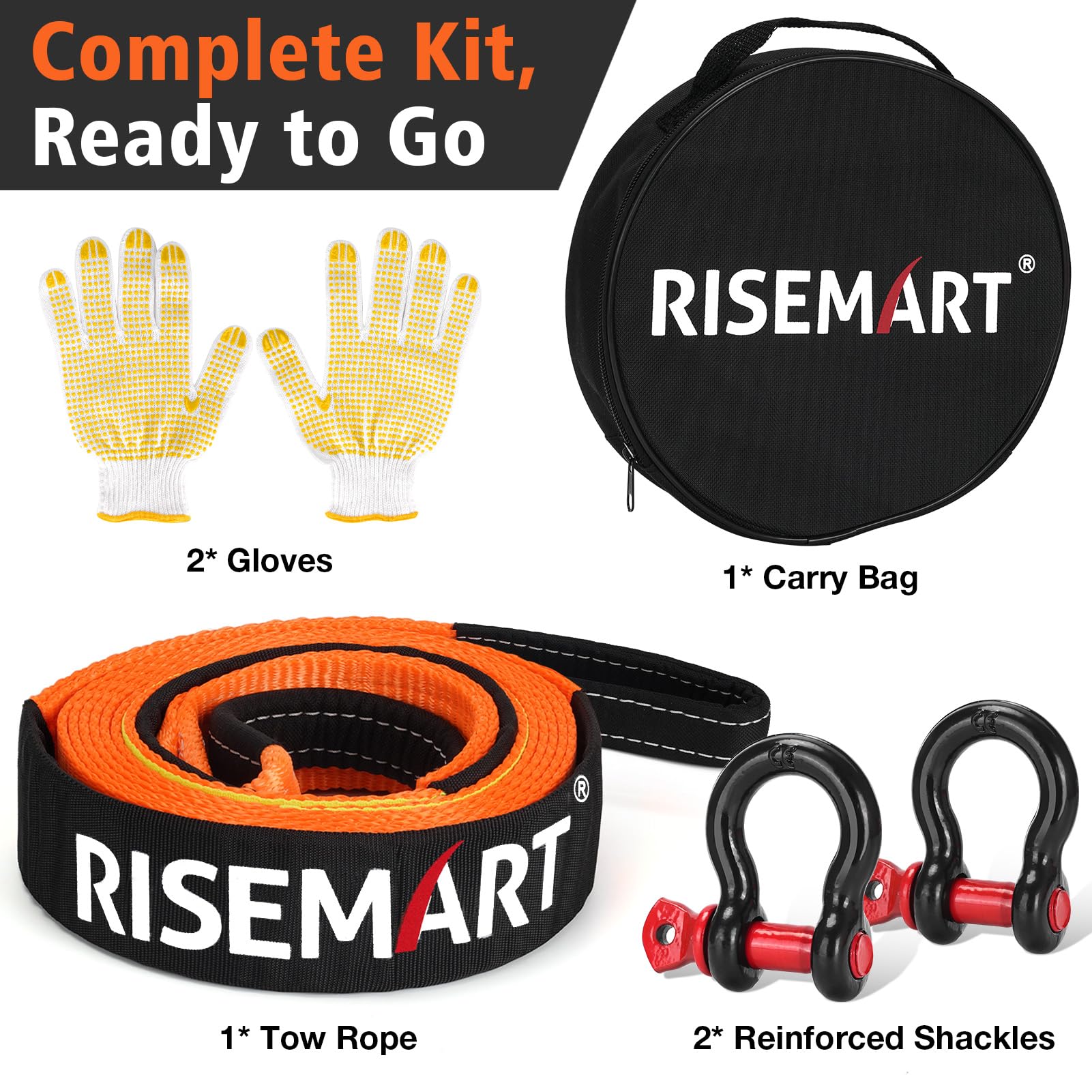 RISEMART Abschleppseil Set 10 Tonnen (22046 Lbs), 5M x 5CM Abschleppseil PKW mit Hohe Festigkeit' Schäkel und 2 Handschuhen für Off-Road Recovery