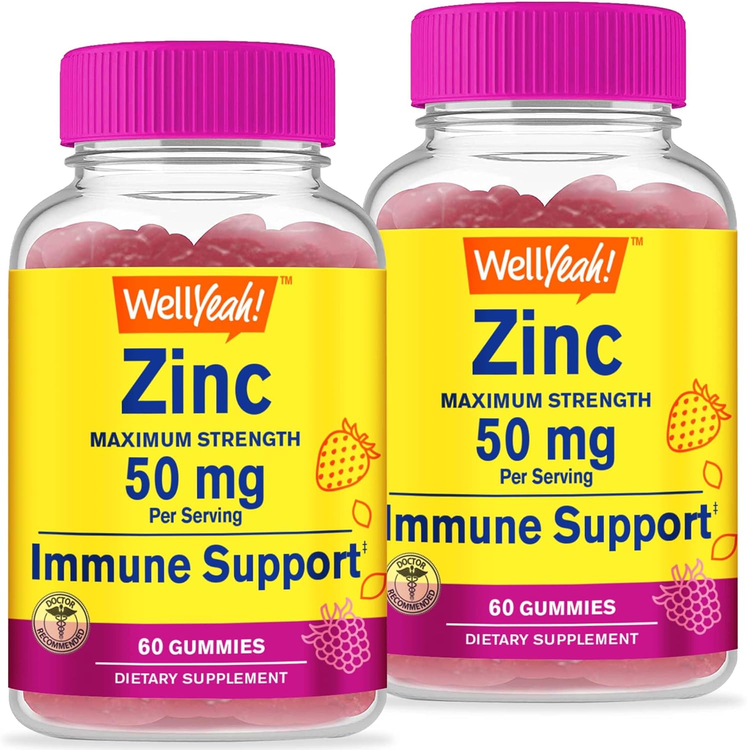 WellYeah Zinc Gummies 50 mg (2 Pack) - Supports Healthy Immune Function and Antioxidant Health - Natural Berry Flavor - Gluten-Free, GMO-Free - Chewable Gummy Dietary Supplement - 60 Gummies