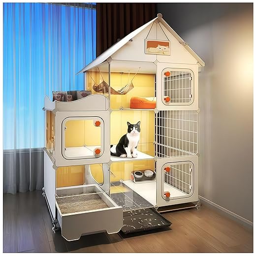 Indoor Cat Cage with Litter Box,Complimentary Cat Bed, Bowl,Teaser Wand，Cat House Outdoor, Large Cat Enclosure, Small Animal Dog Kennel (41.8" Lx18.1 Wx55.6 H)