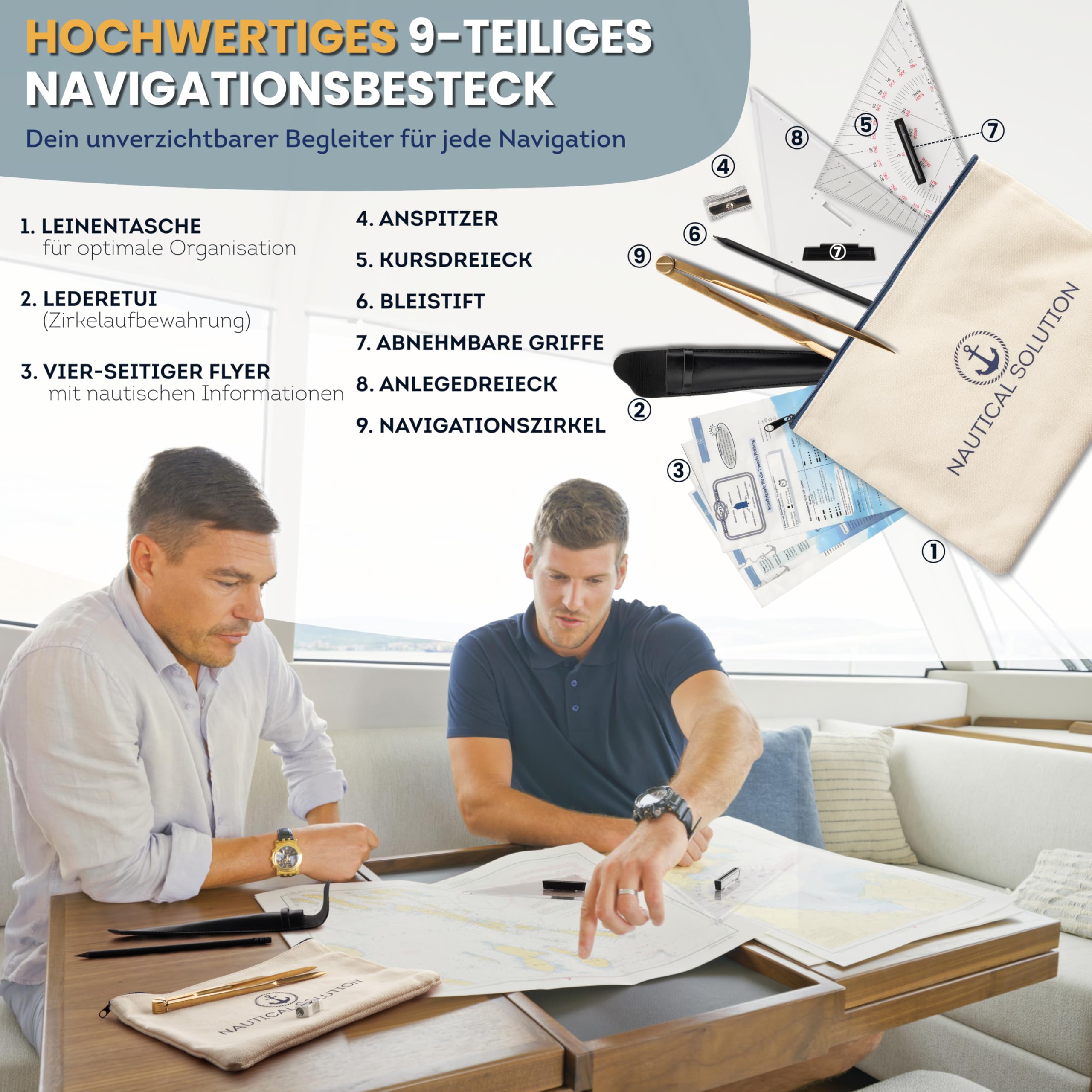 SBF See & Binnen - Cubertería de navegación para SBF Navigation I Set: Triángulo y Triángulo de amarre (24,5 cm cada uno), Compás marino, lápiz, sacapuntas y funda, imprescindible para la licencia de