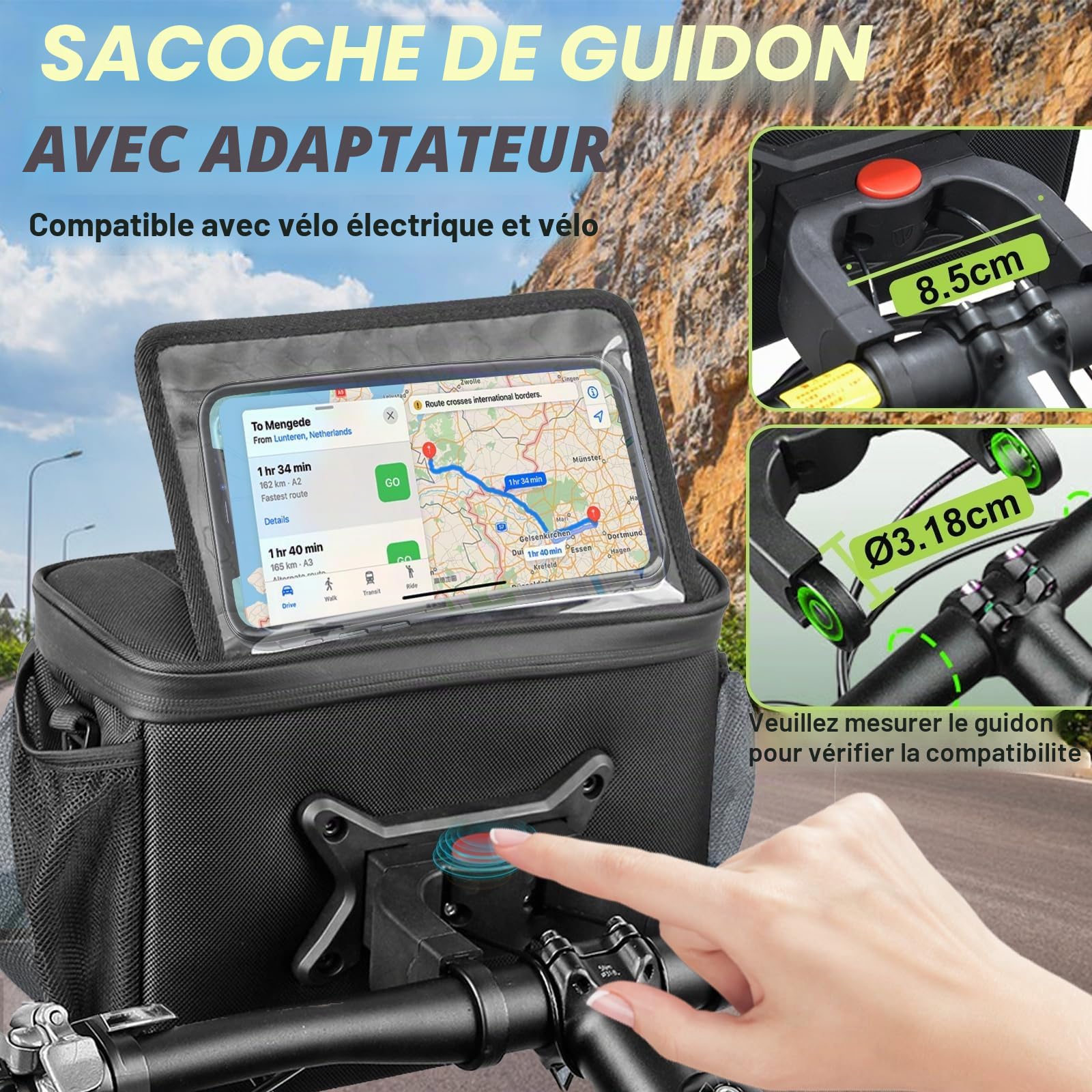 Sacoche de guidon FINEW pour vélo avec adaptateur de guidon pour E-Bike et vélo, panier avant de vélo de 6L, sacoche de guidon étanche avec support pour téléphone portable, écran tactile, bandoulière