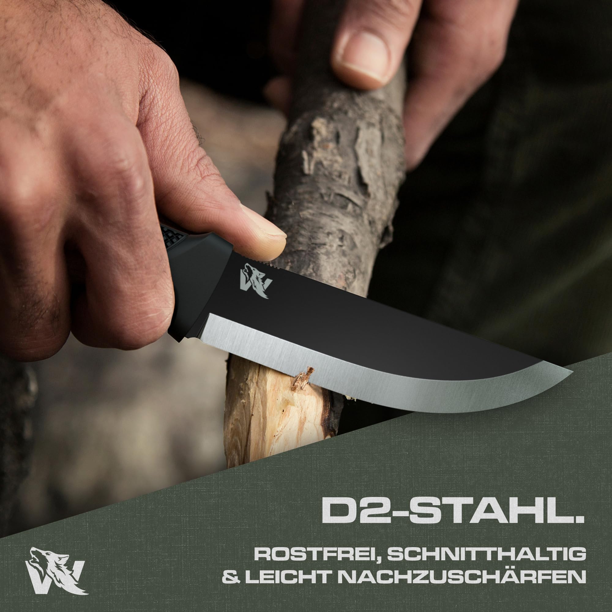 ODENWOLF W-SCANDI Angelmesser mit feststehende Klinge - Inkl. Scheide - Ideales Outdoor-Messer aus einem Stück D2 Stahl gefertigt - Premium Survival Messer - Perfektes Bushcraft Messer Outdoor