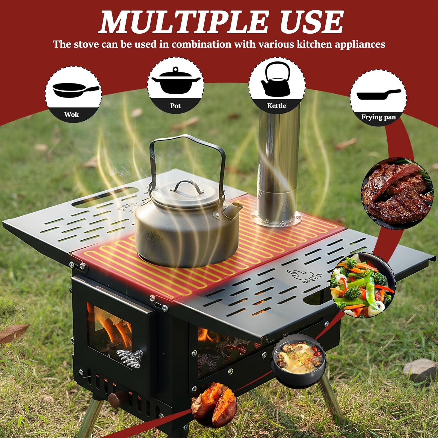 Generic Portable Wood Burning Stove with Stainless Steel Construction Wood Burning Tent Stove Chimney Pipes Included for Outdoor Heating & Cooking Ice Fishing