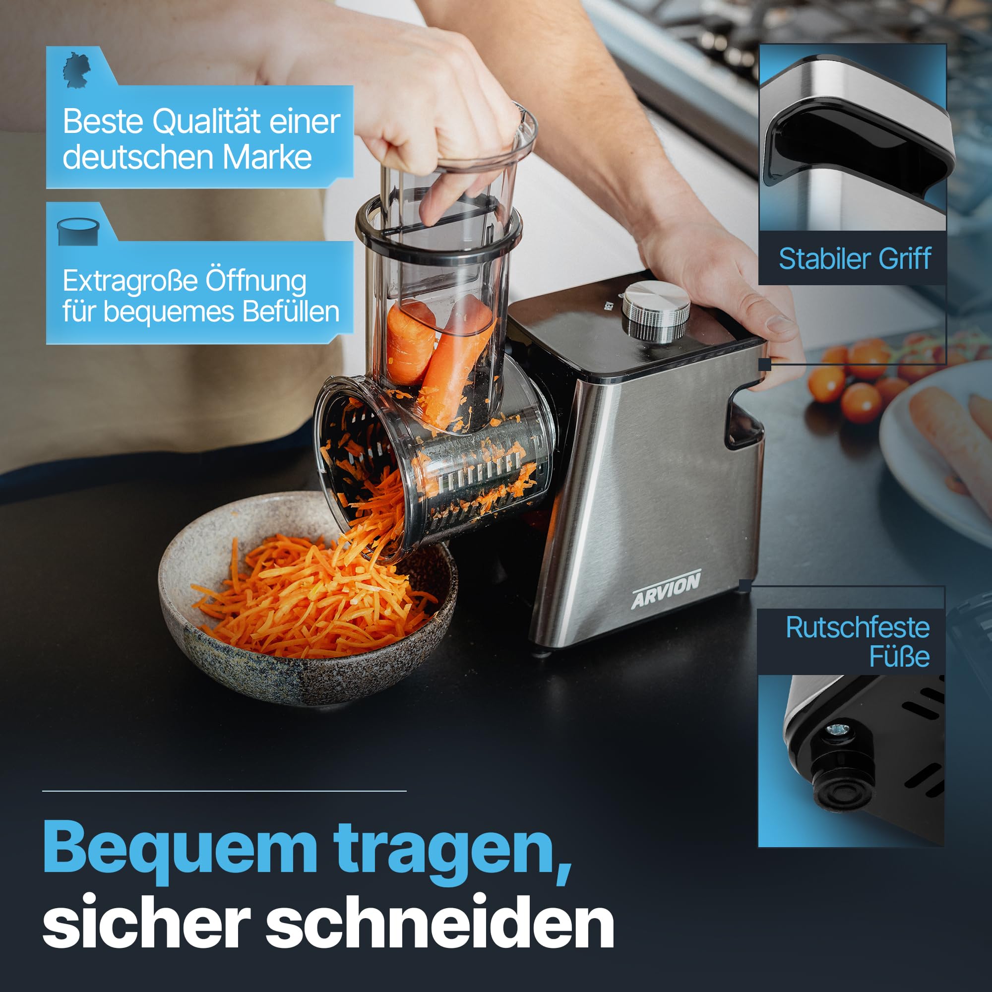ARVION Fleischwolf elektrisch [TESTSIEGER] Gemüseschneider Gemüsereibe Gemüseschneider Elektrisch | 18-tlg Set | 3000 Watt max | Hackfleisch Gemüse Schneider Elektrische Reibe