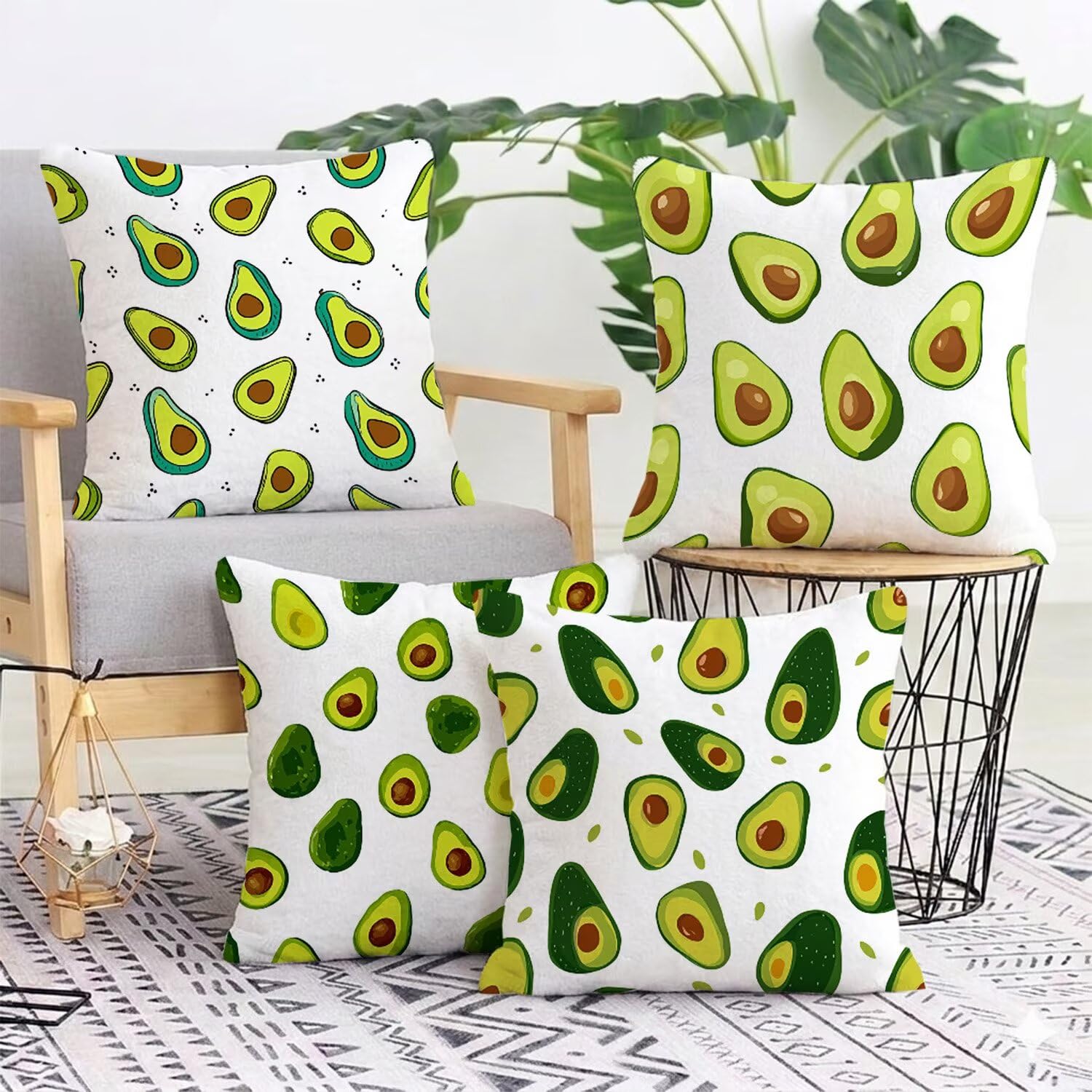 Lot de 4 Housses de Coussins 65x65 cm Avocat, Housse Coussin Decoratif en Peluche Courte, Carré Coussin Exterieur Impermeable, Coussins Canapé pour Lit Chambre Salon Maison Deco Vert L-G615