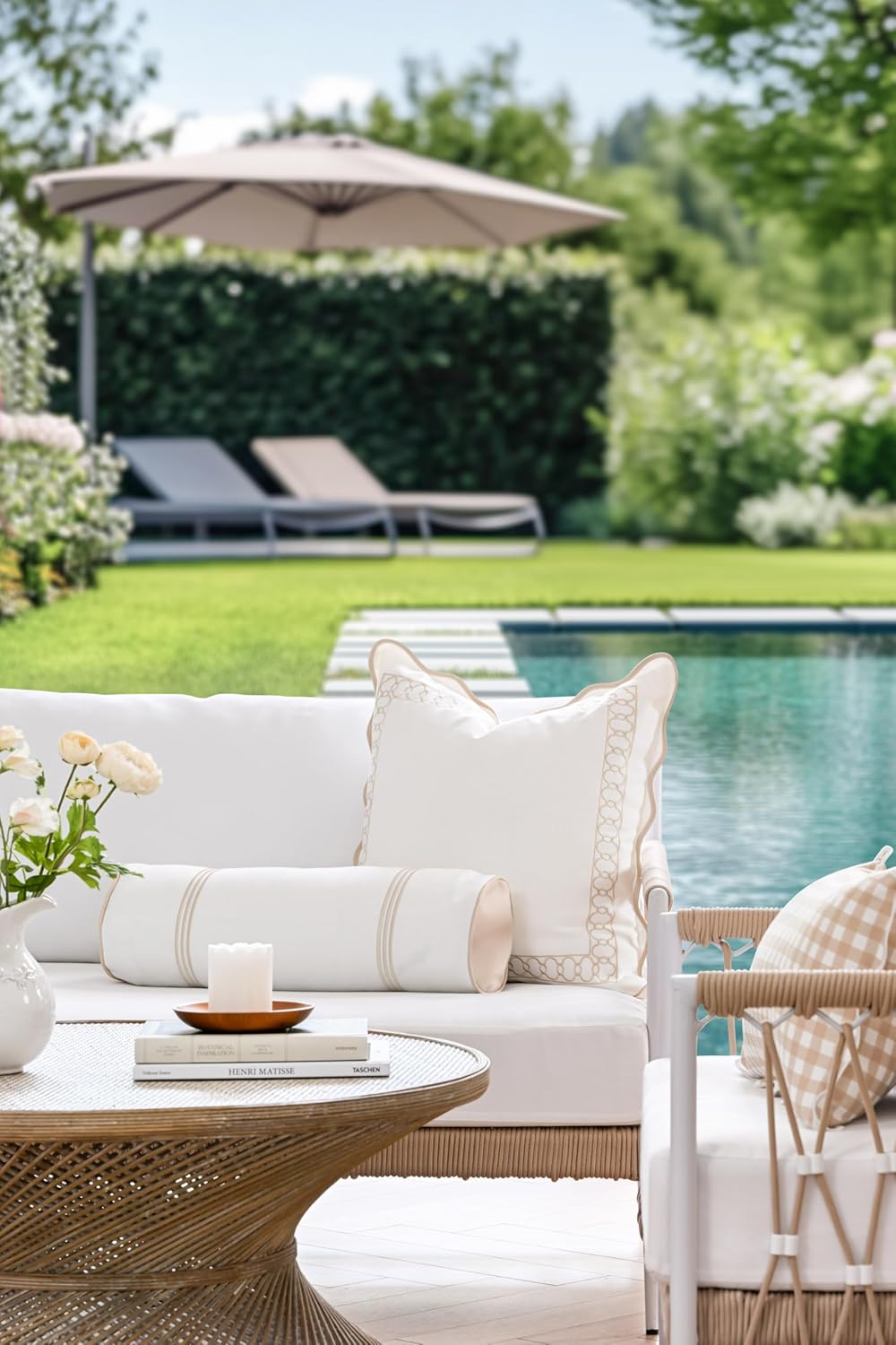 Hofdeco Premium Coastal Hampton Patio Indoor Outdoor Bolster Pillow Cover Only, 6"x20" Water Repellent for Backyard, Couch, Poolside, Neutral Tan Embroidered Stripes