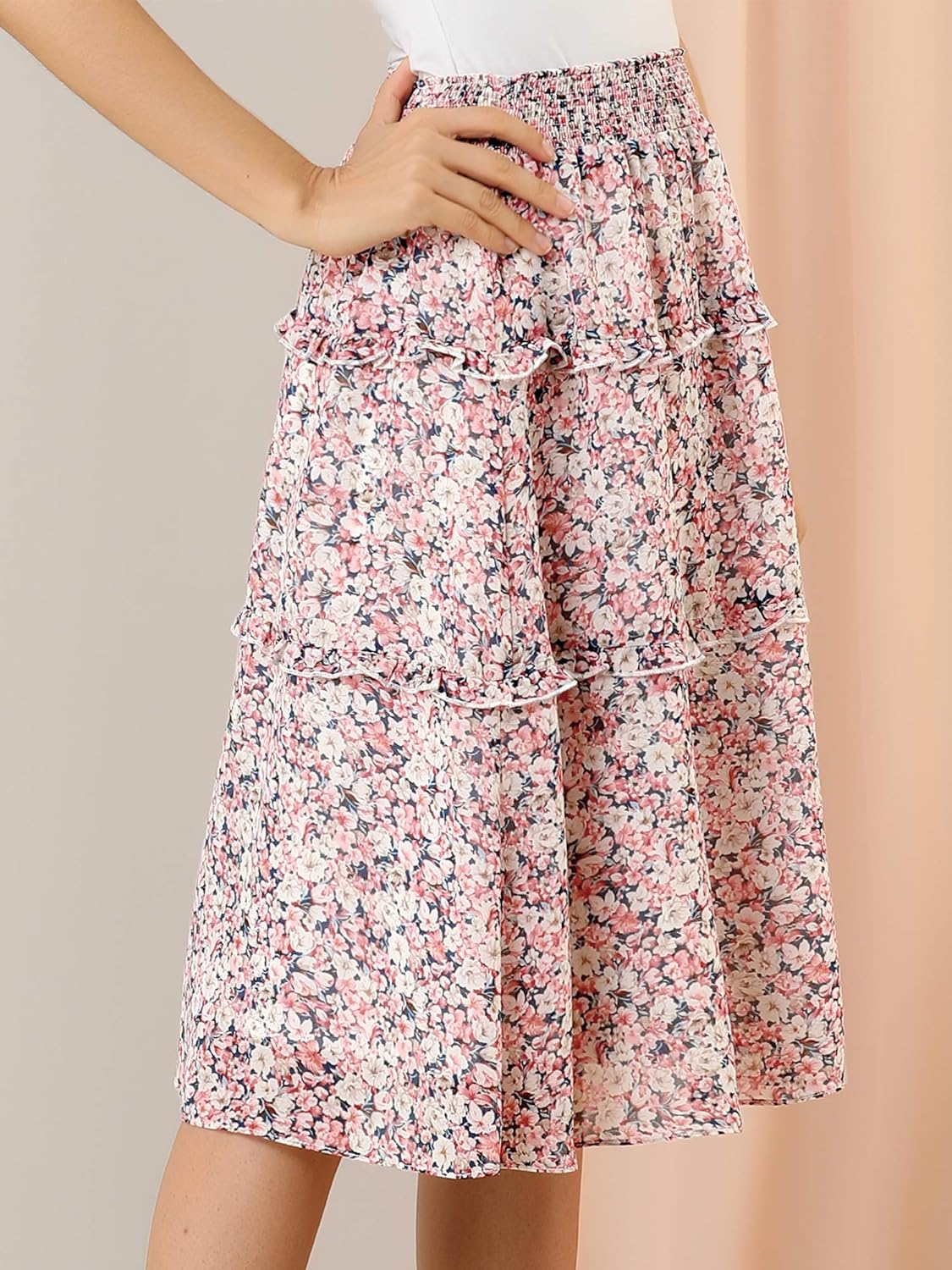 Allegra K Women's Floral Skirts Summer Chiffon Smocked Elastic Waist A-Line Below Knee Length Ruffle Tiered Skirt - Image 2