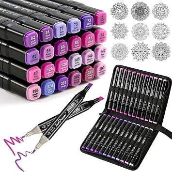 Purple Colors Alcohol Markers Set,24 Color Dual Tips Art Markers,Markers Pens for Artist Adults Coloring Illustration Painting DIY Crafts Making Art Supplies