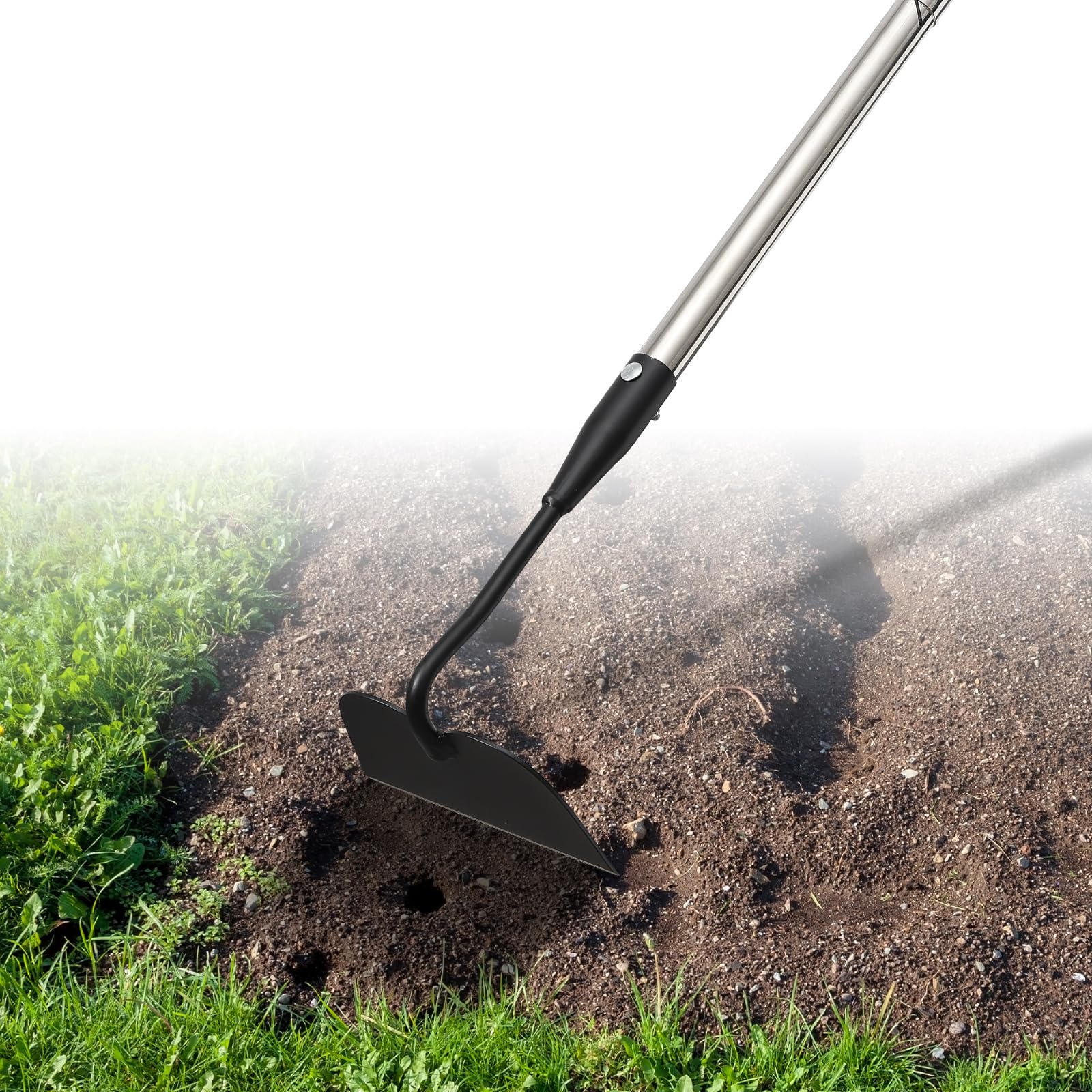 Draw Hoe - Herramienta de jardín, azadas de jardín resistentes para desmalezar, mango largo, fácil de levantar, raspar, desmalezar para jardín, azada ajustable de 63 pulgadas con hoja soldada de 7