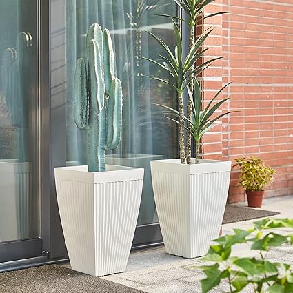 glitzhome Oversized Tapered Tall Fluted Pot Planter, 2-Piece Set for Outdoor Indoor Patio Garden, White