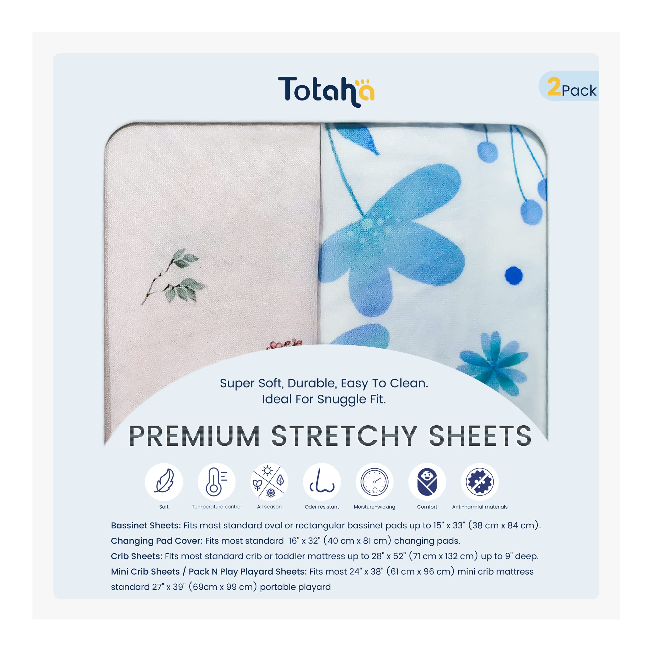 TotAha Premium Stretchy Pack N Play Playard Sheets | Mini Crib Sheets (2-Pack)-Hypoallergenic, Silky Comfort, AButtery Soft, Calming Effect, All-Season Jersey-Knit (Blue Flower & Small Floral)-image-11