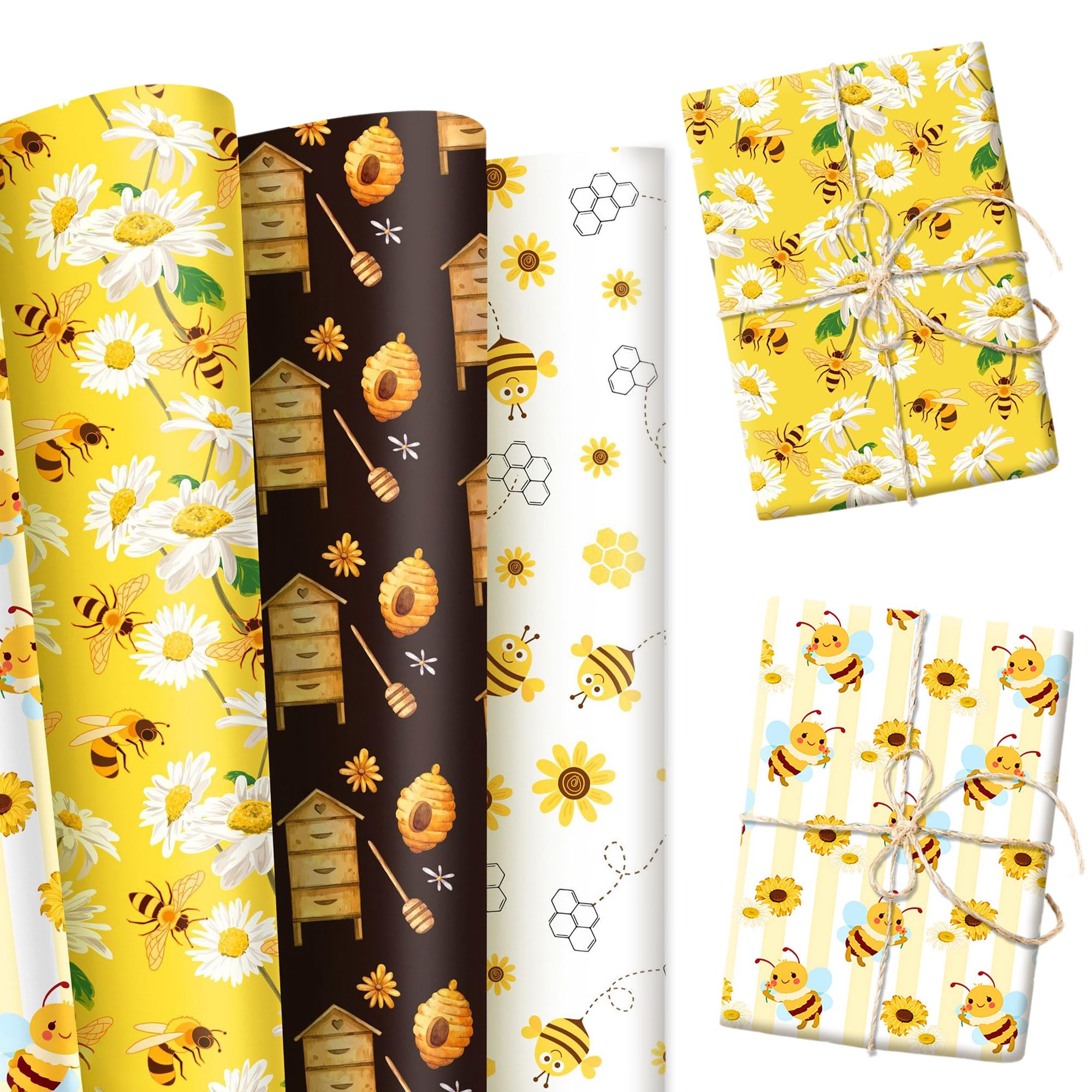 12 Sheets of Honey Bee Wrapping Paper Yellow Floral Bee Wrapping Paper Folded Flat Spring Summer Art Paper for Birthday Bridal Baby Shower Wedding DIY Crafts Gift