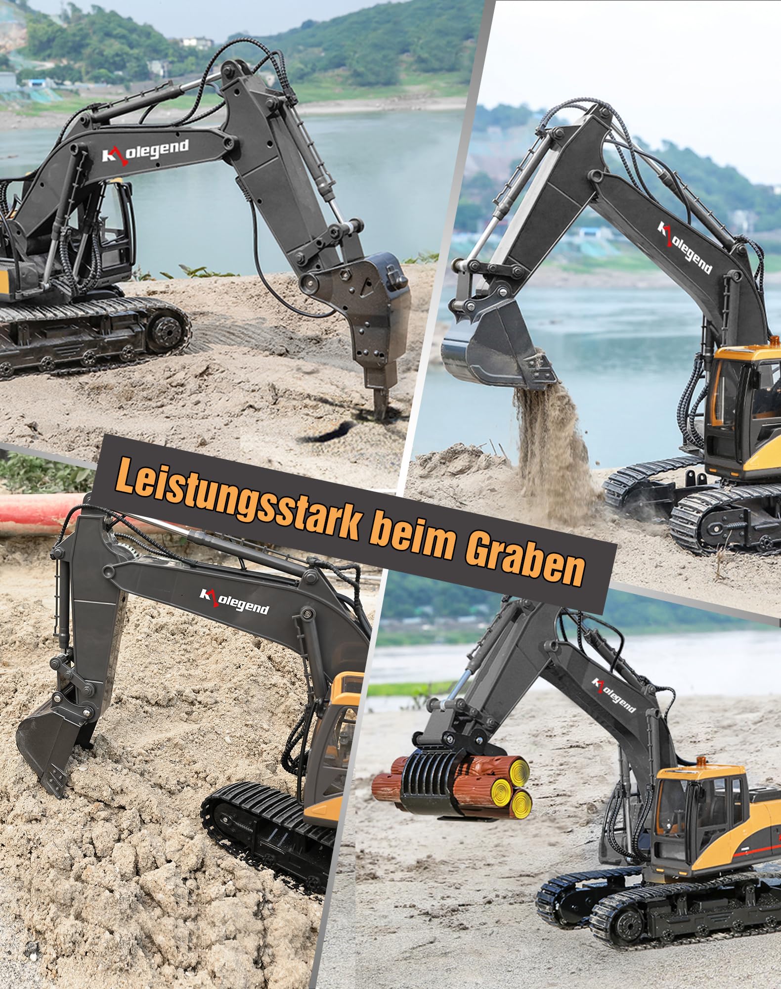 kolegend 3-in-1 Fernbedienungs-Bagger Spielzeug 1/14 Ma?stab RC-Bagger 15-Kanal-Upgrade voll funktionsf hige Baufahrzeuge mit Werkzeug Metallbrecher und elektrischem Greifer