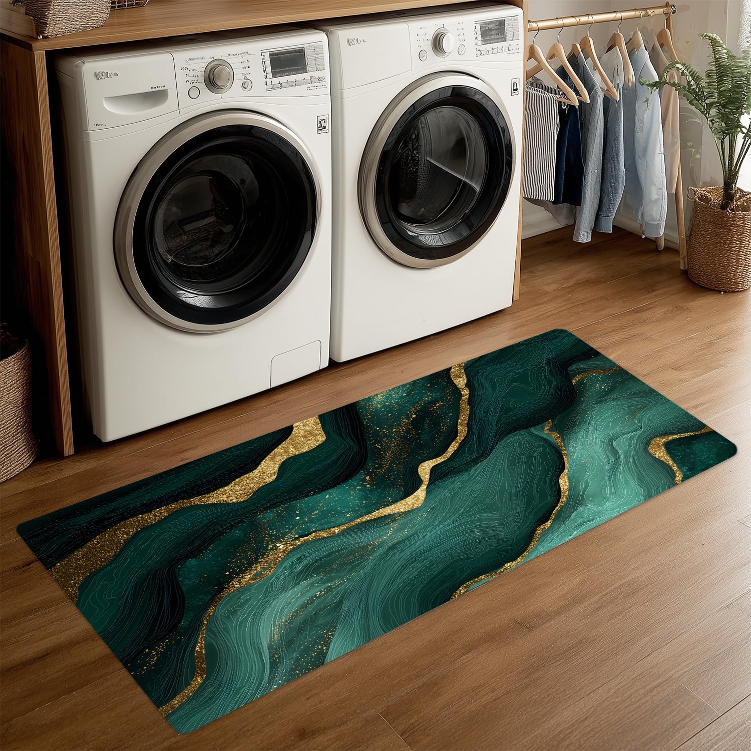 ANNA QUEEN Green Marble Laundry Room Rug 20x47 Inch – Gold Abstract Non Slip Runner Mat for Kitchen, Entryway, and Modern Home Decor