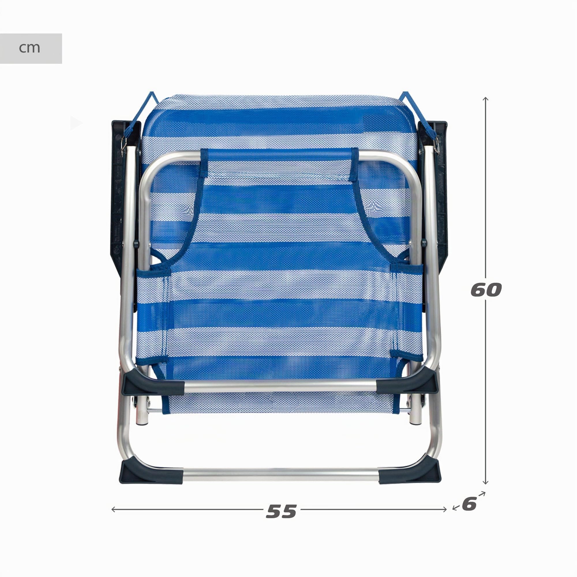 Chaise de plage pliante fixe, dossier fixe, dimensions : 44 x 40 x 72 cm, en aluminium, avec poignée de transport, rayures bleues et blanches, supporte jusqu’à 100 kg.