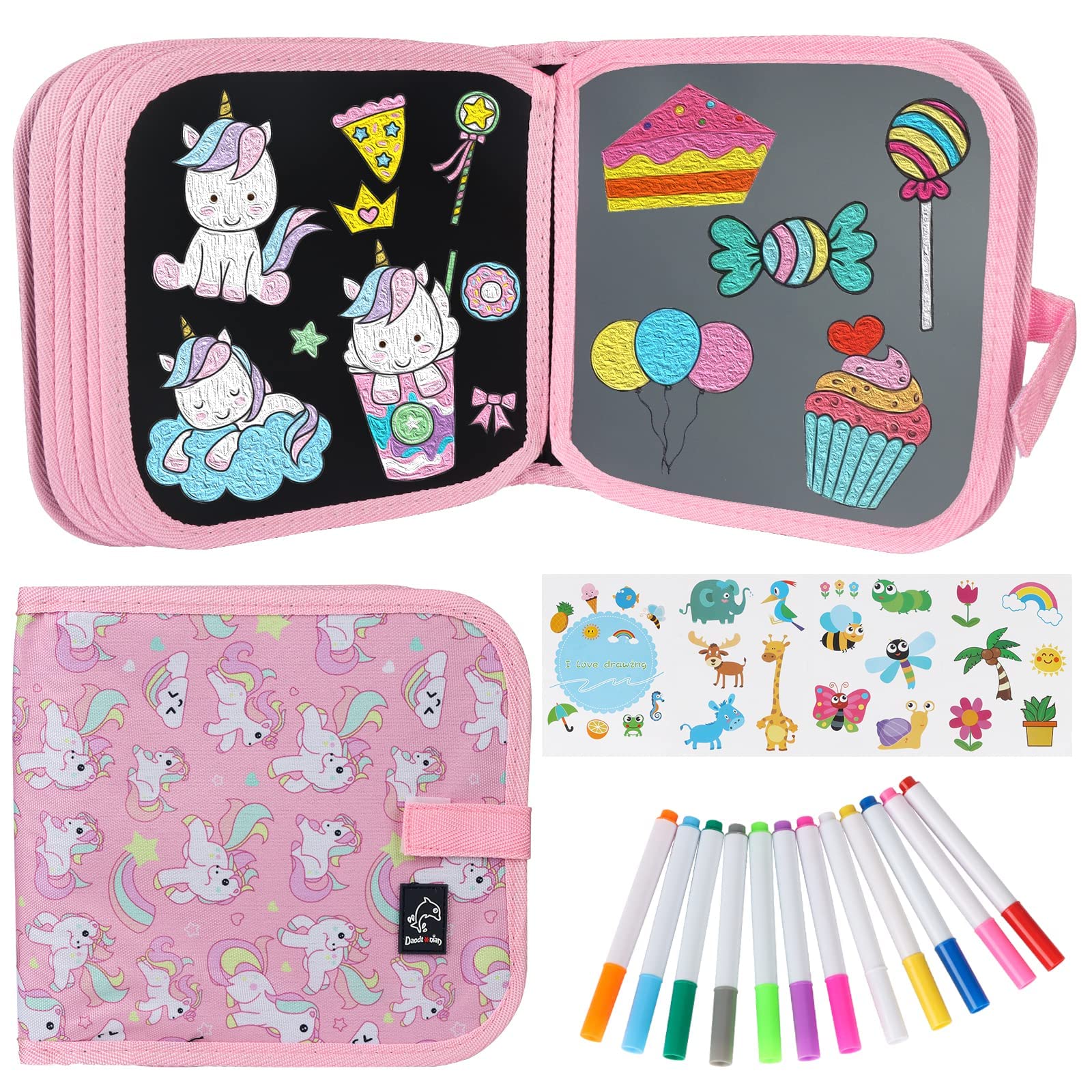 Erasable Book Doodle Set for Kids,Reusable Magic Drawing Book for Kids with 12 Watercolor Pens 14 Page Drawing,Road Trip Car Game Writing Painting Set for Boys and Girls (Pink Unicorn)