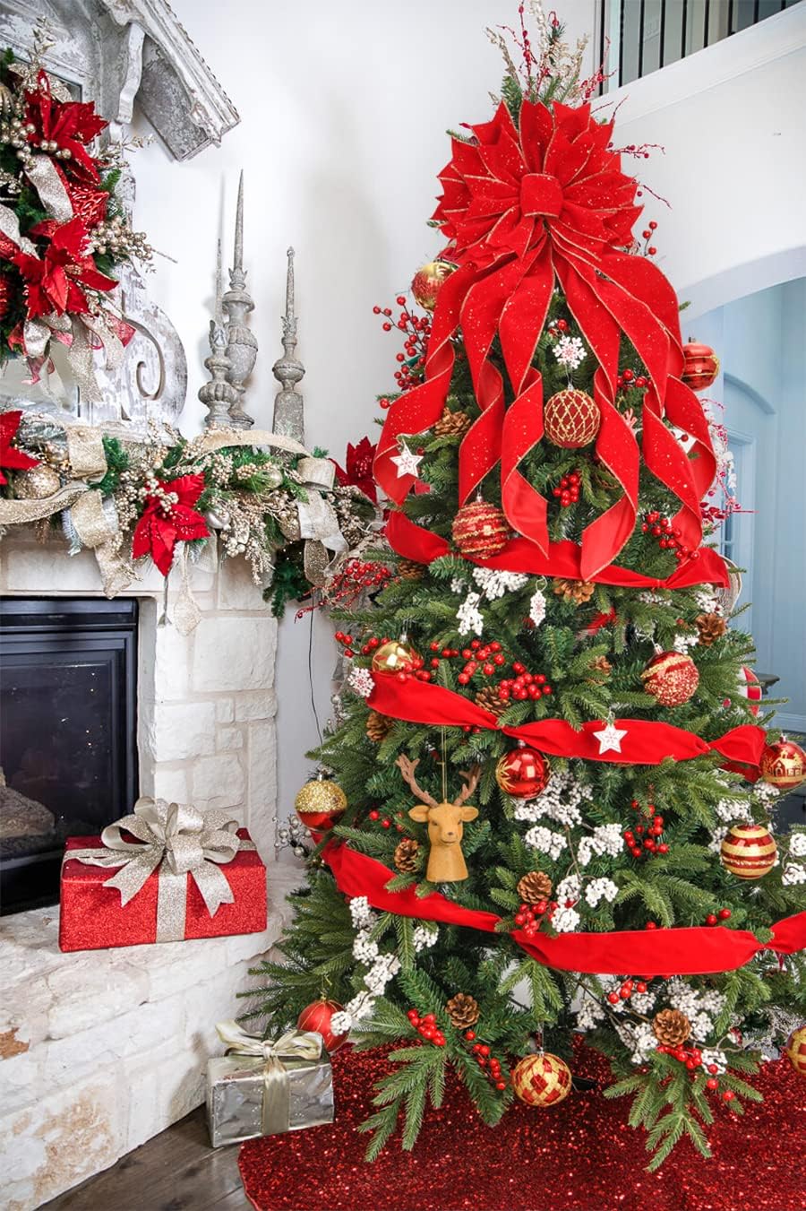 Christmas Tree Topper,33x13 inches Large Toppers Bow with Snowflake Pattern for Christmas Decoration (Red) - Image 6