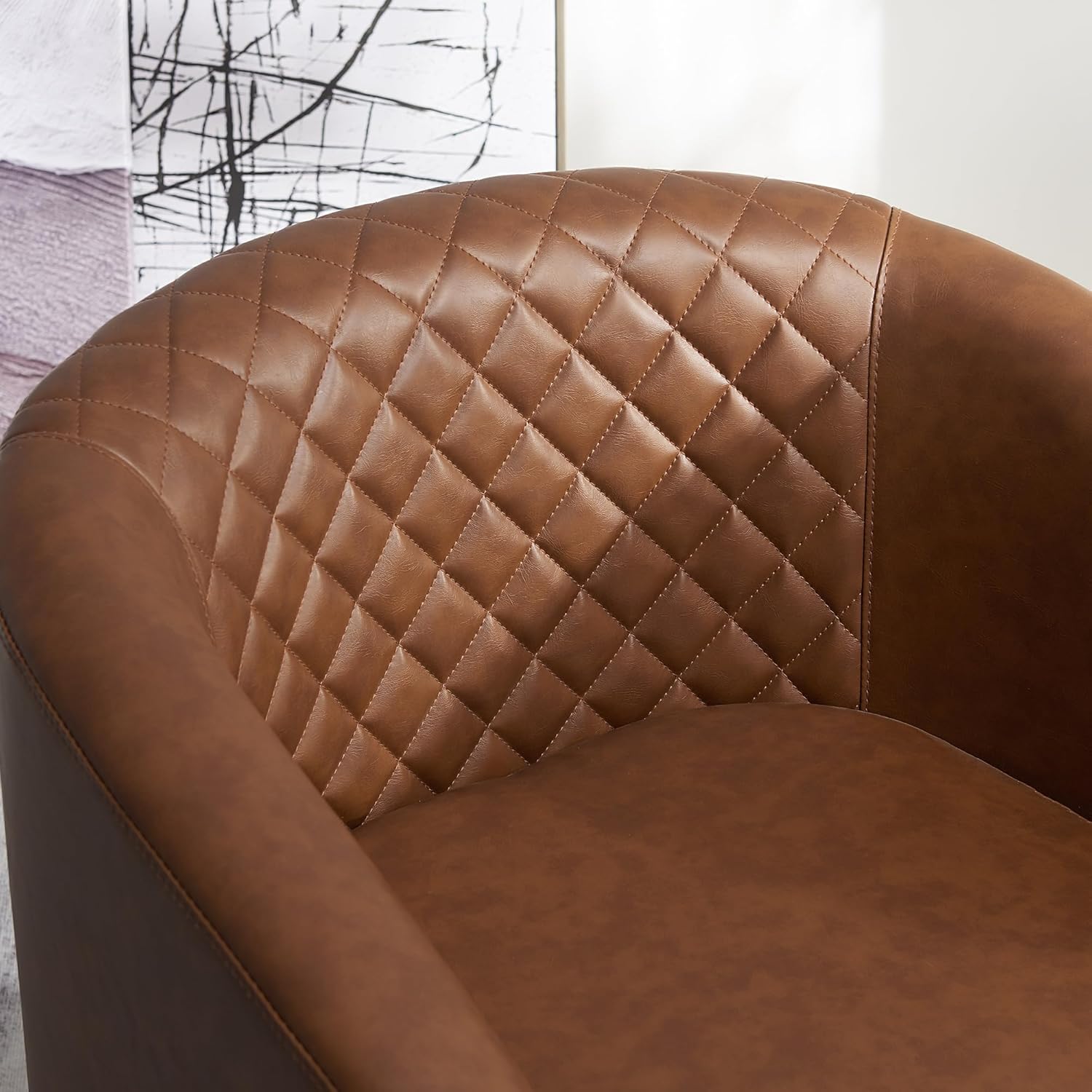 KINWELL 29" Wide Tufted Faux Leather Accent Chairs Set of 2, Small Swivel Barrel Chairs, Modern Round PU Leather Upholstered Armchairs with Nailhead Trim for Living Room Apartment, Brown