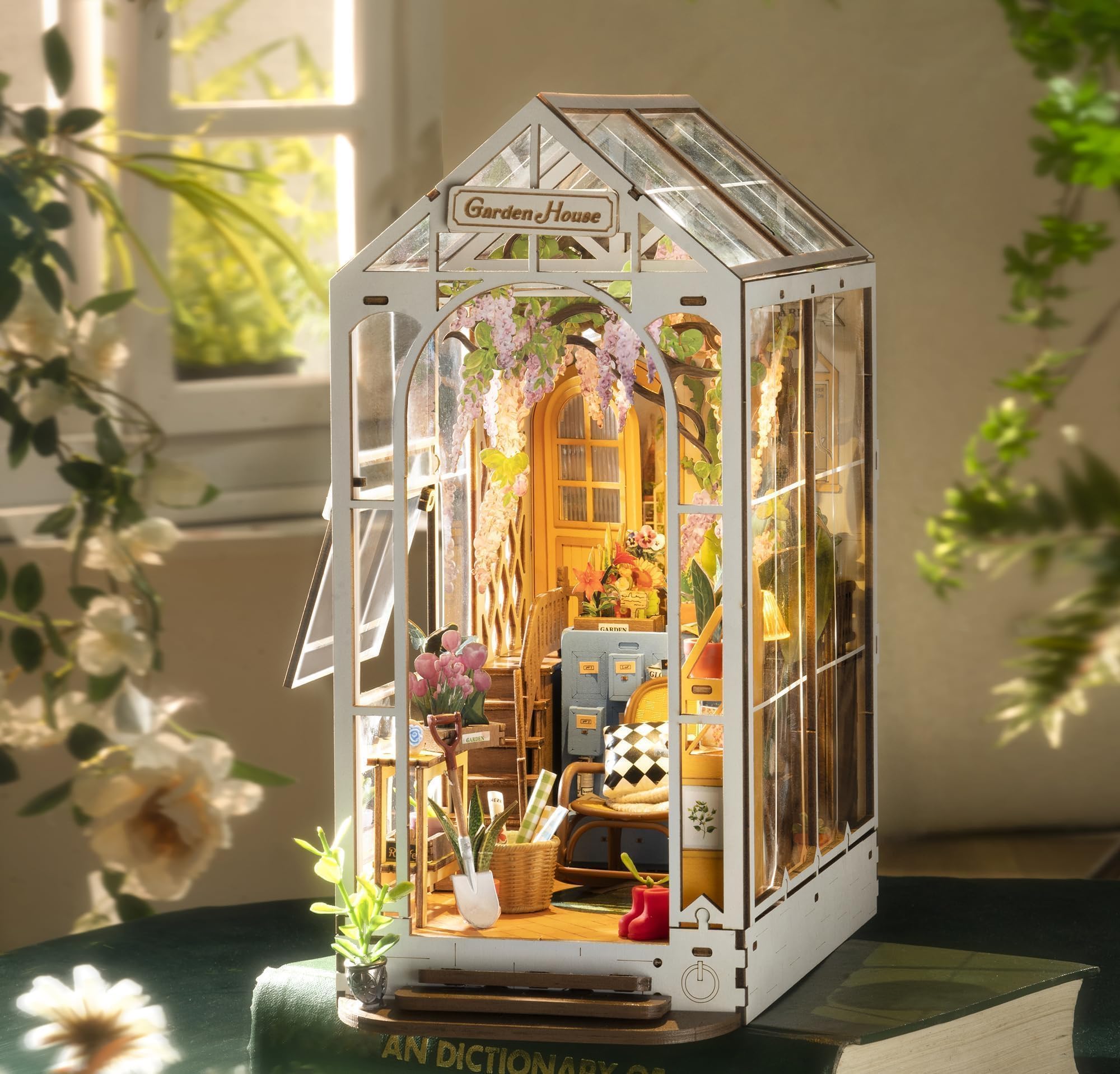 ROWOOD Book Nook Casa De Jardín, Casa De Muñecas para Bricolaje con Luz LED, Kits De Modelos De Puzzles De Madera 3D, Decoración del Hogar, Regalo Creativo para Navidad (casa De Jardín)
