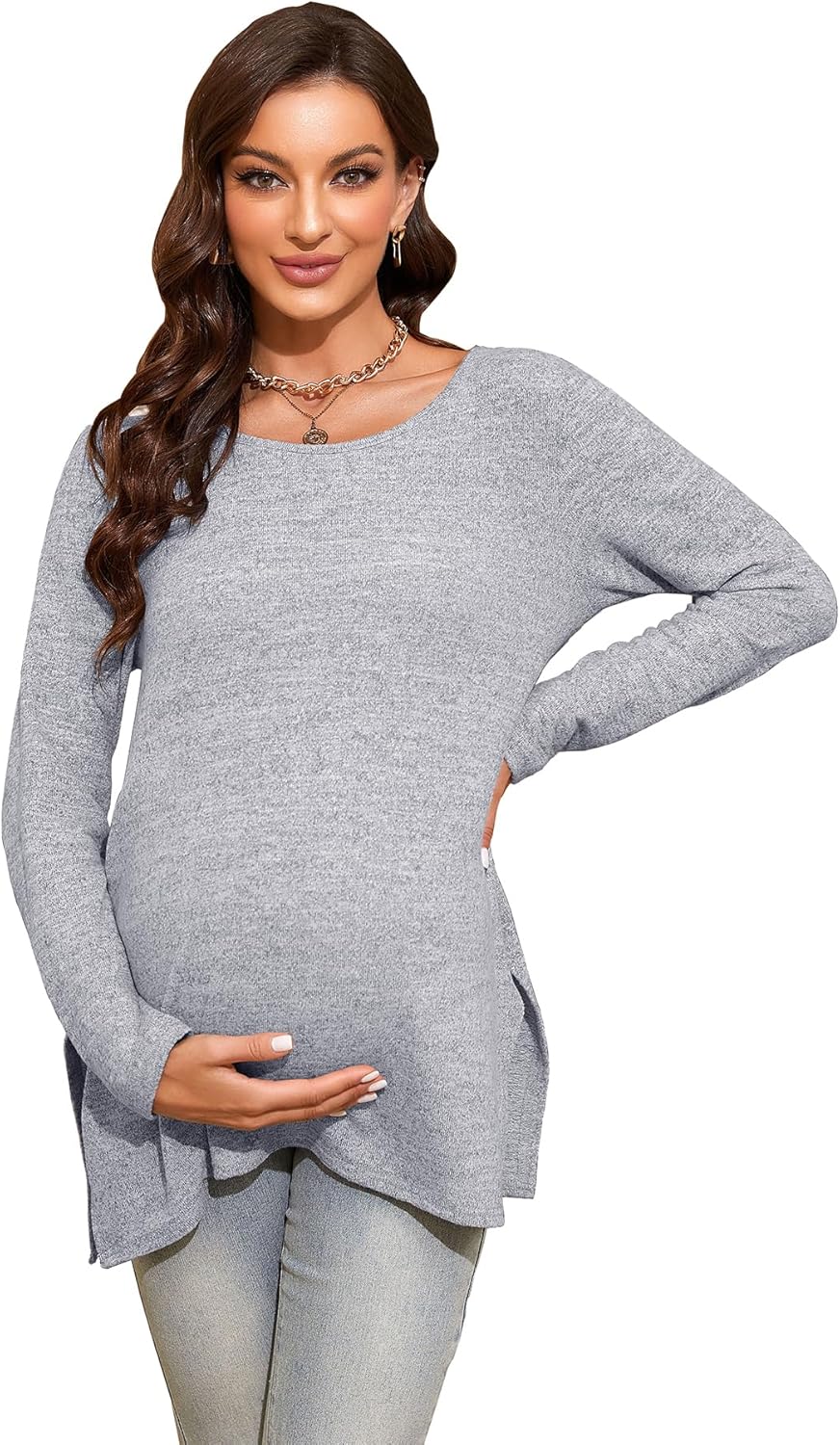 Smallshow Women's Maternity Shirts Side Split Long Sleeve Pregnancy Tops Clothes - Image 4