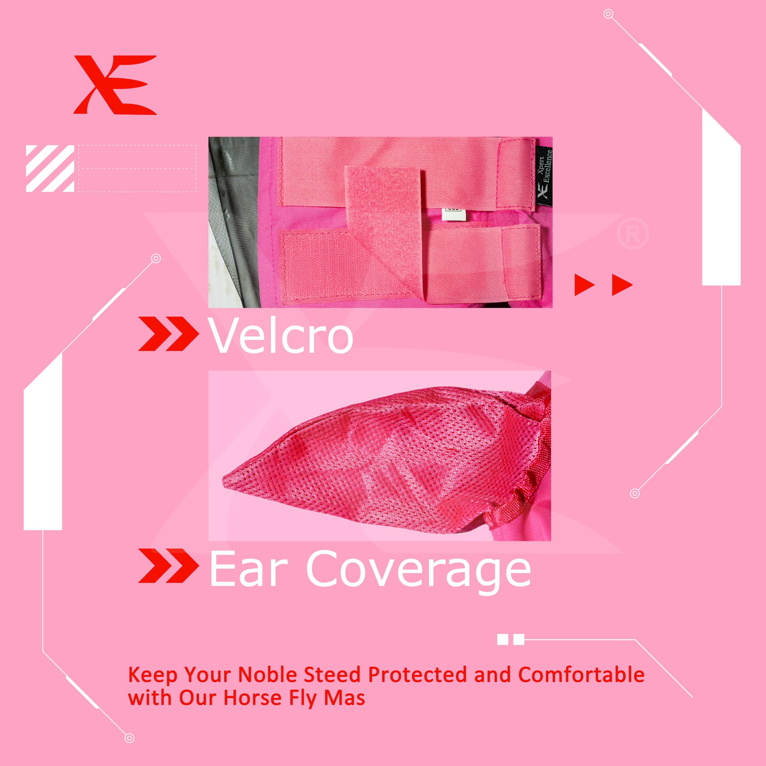 XE Máscara contra Moscas de Caballo con Orejas – Máscara de Caballo de Malla Transpirable para Cara Completa y Nariz para Protección UV y Mosca, Máscara Caballo (Half Pink Mask, COB (M))