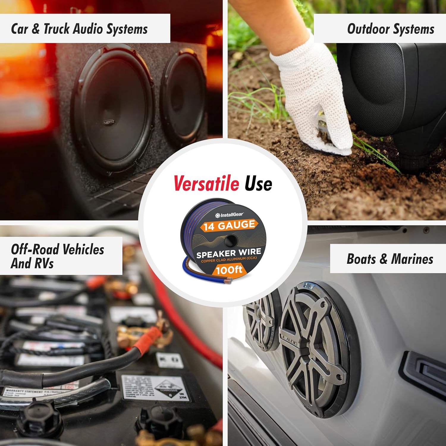 InstallGear 14 Gauge Speaker Wire used in various audio setups including car, outdoor, off-road, and marine environments.