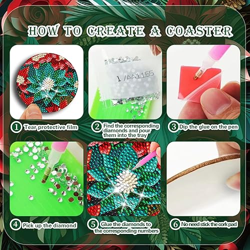 Miniatura 3 de Juego de 8 posavasos de pintura de diamantes de Pascua de Navidad con soporte, posavasos antideslizantes para adultos, suministros para regalo de