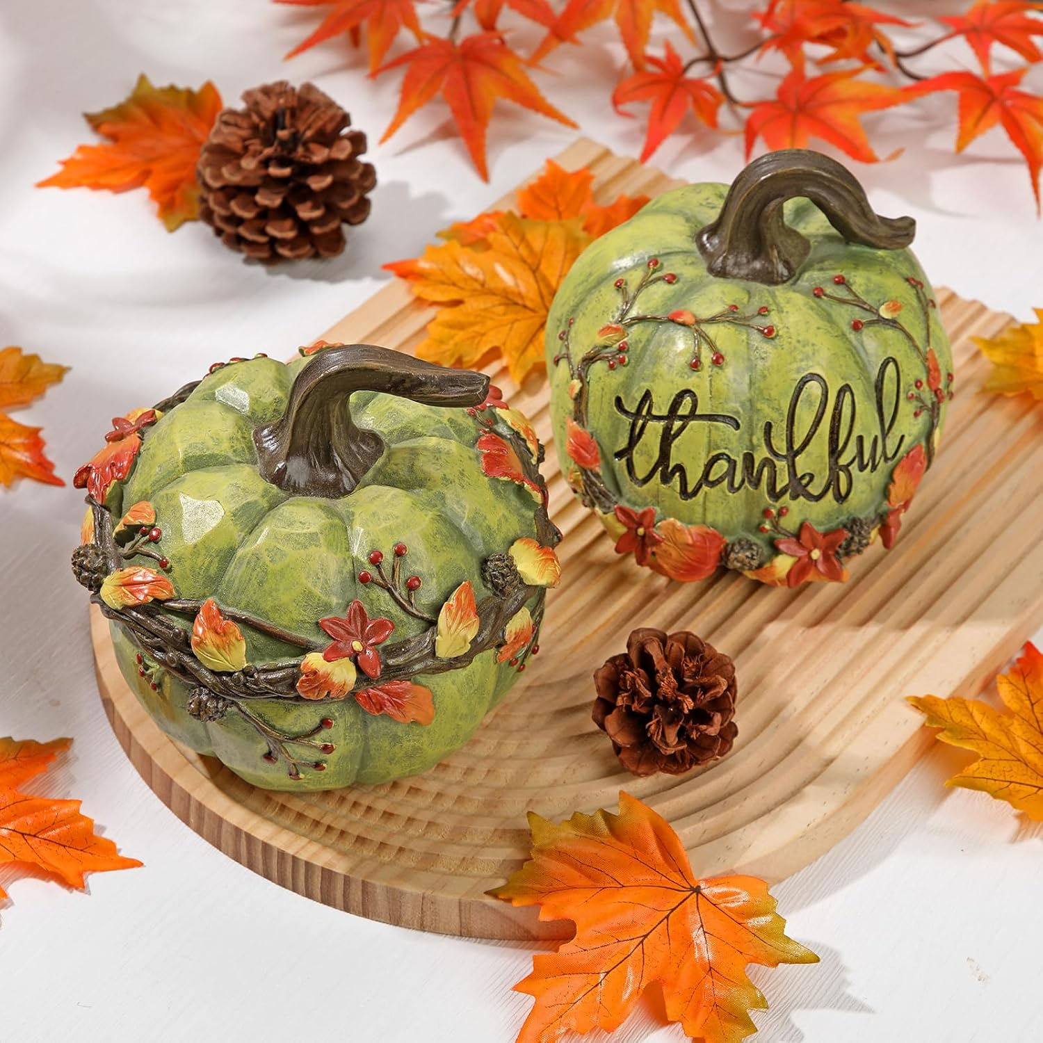 Fall Pumpkin Decor 2Pcs Fake Pumpkins Green Resin Carved Pumpkin Small Decorative Faux Pumpkins Fall Artificial Pumpkins for Home Table Farmhouse Mantel Halloween Thanksgiving Harvest Centerpieces
