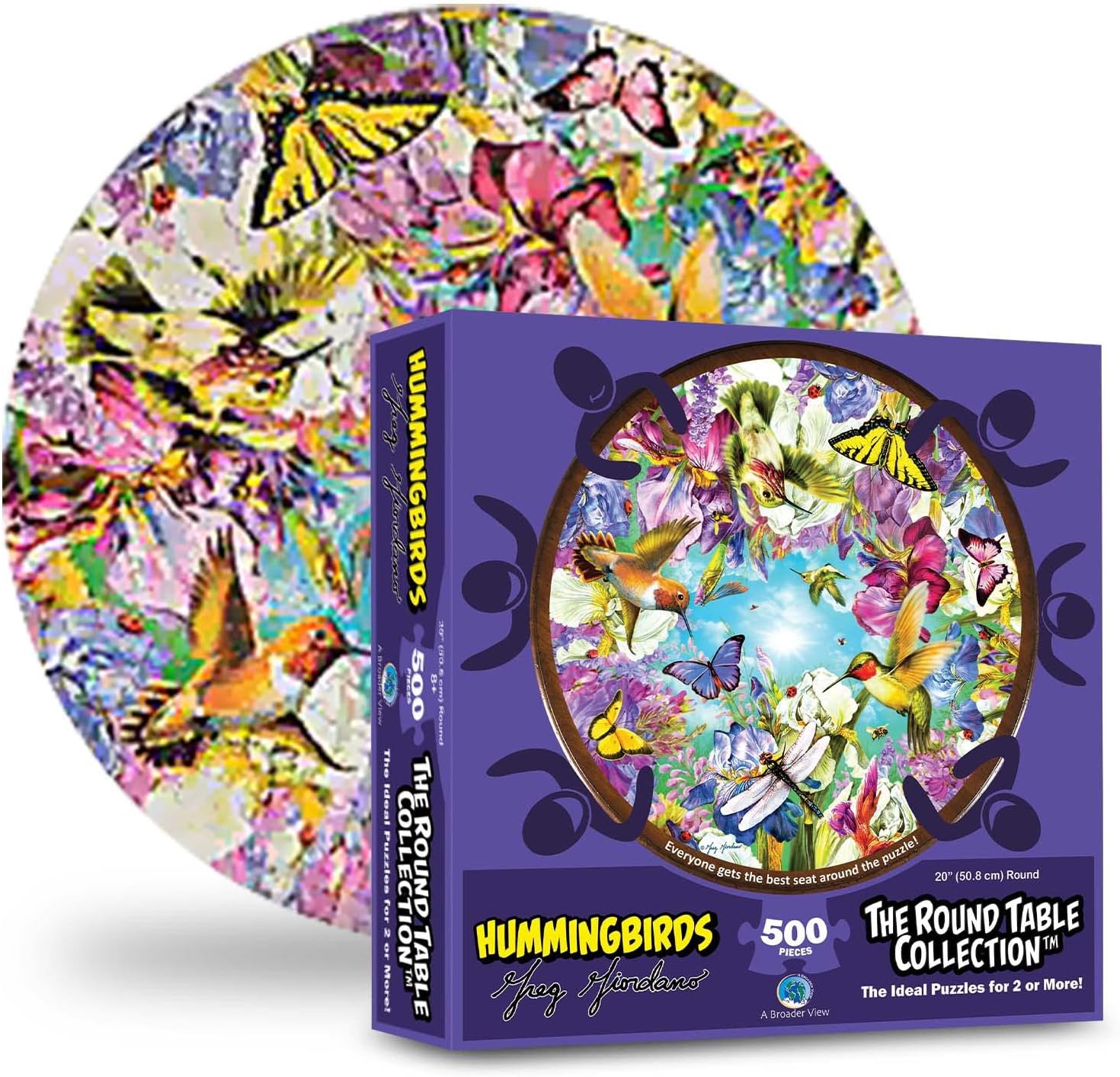 A Broader View Hummingbirds Round Table Puzzle - 500 Pieces, Jigsaw Puzzles For Adults, Suitable For Groups Of 2 Or More, Everyone Gets The Best Seat At The Table, Incl. 12x12" Poster