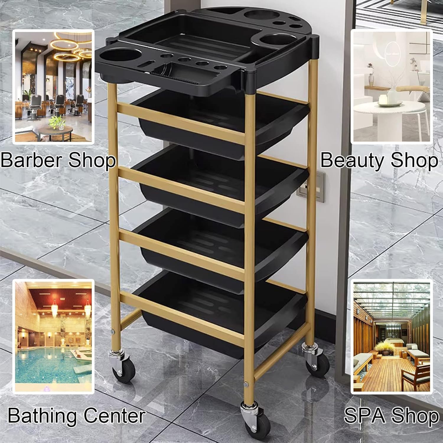 Carrito de almacenamiento rodante de 5 niveles con bandeja plegable y estante para secador de pelo para organización de salón, carrito de almacenamiento de herramientas