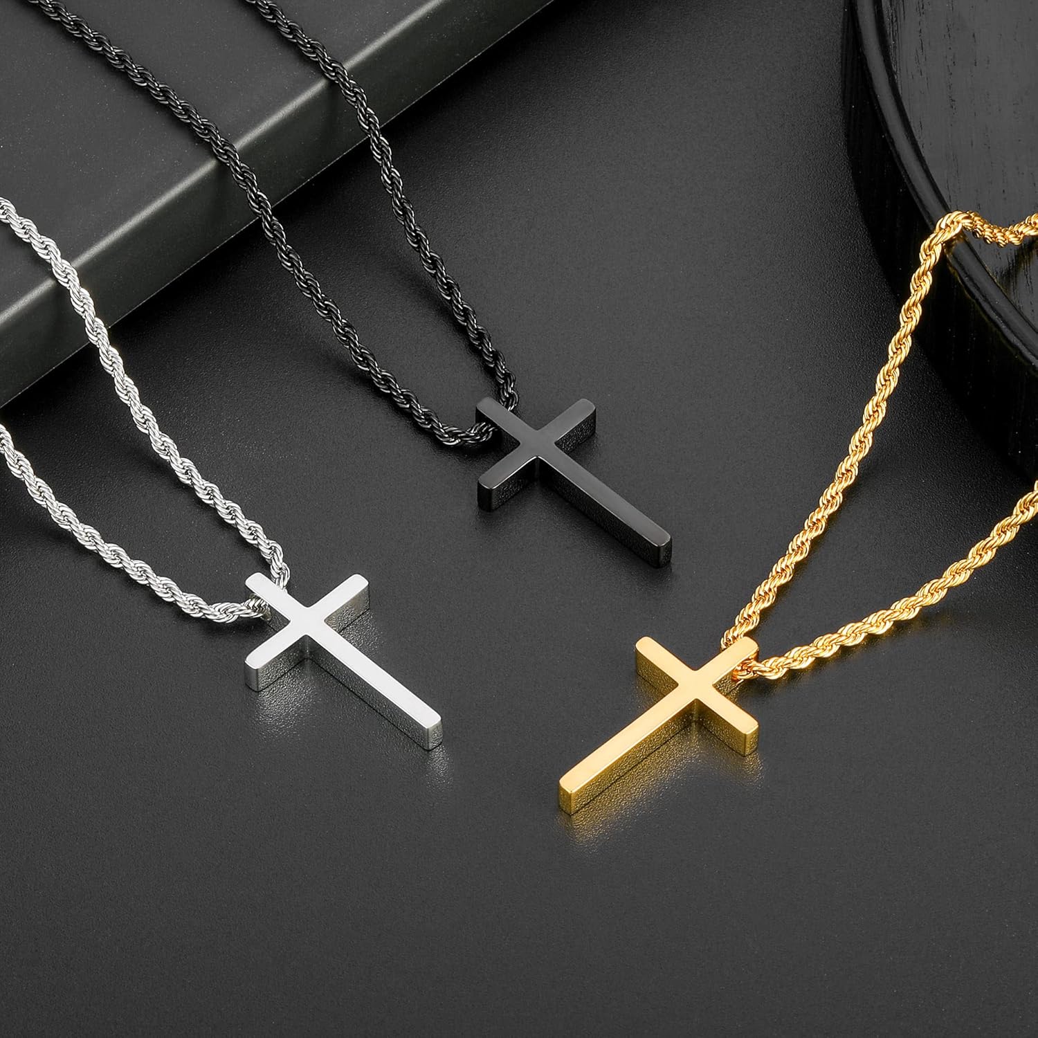 Cross Necklace for Men, Silver/Gold/Black Stainless Steel Cross Pendant Necklace with 2.5mm Rope Chain 16-24 Inch - Image 9