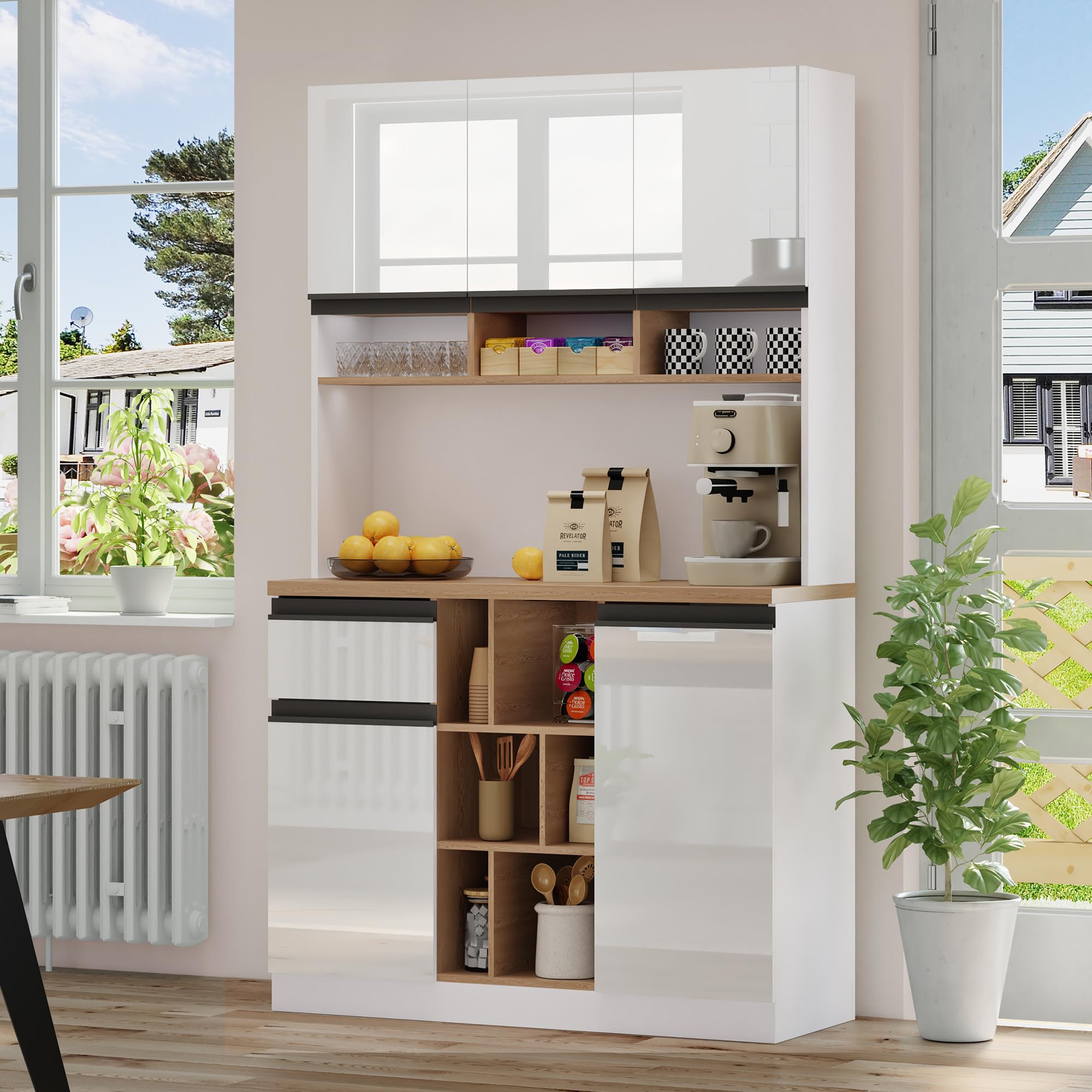 Jaxenor Kitchen Pantry Cupboard with High-Gloss Doors, Tall Storage Cupboard with Tip-Over Protection, Adjustable Shelves and Drawer, Freestanding Kitchen Tall Cabinet for Dining Room, White+Natural