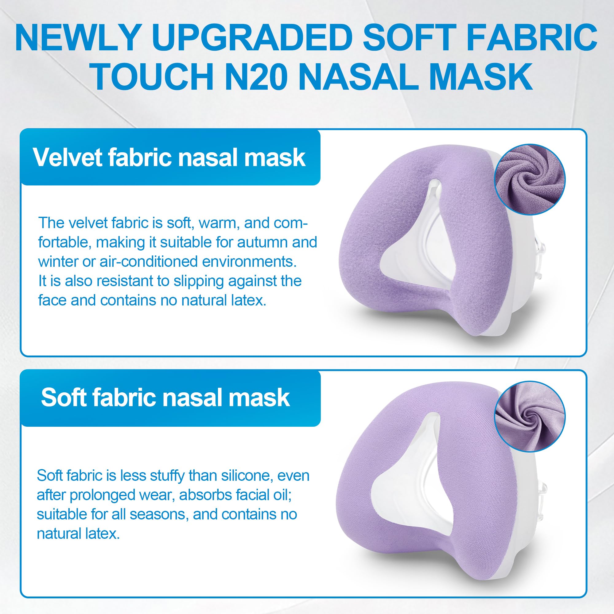 Máscara nasal compatible con las almohadillas de la máscara AirFit N20 para máscaras CPAP de repuesto N20 Perfect Fit Máscara de terciopelo y máscara de tela (2 moradas-L)