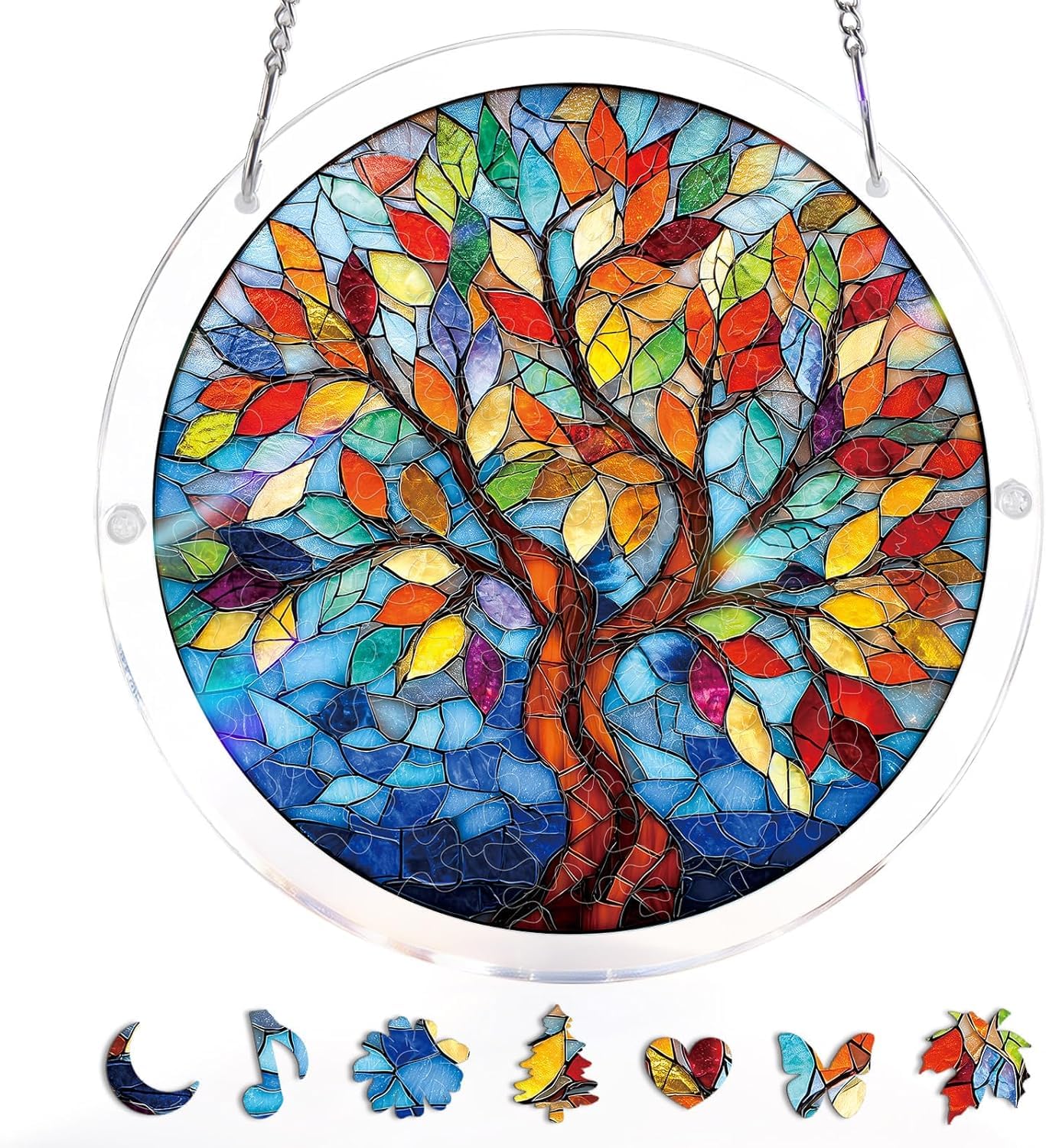 Acrylic Jigsaw Puzzle Suncatcher 83 Pieces, Unique DIY Dawn Blossom Sea Sun Catchers Puzzles Kit for Home Doors Garden Window Hanging Decor (A, 8.2in)