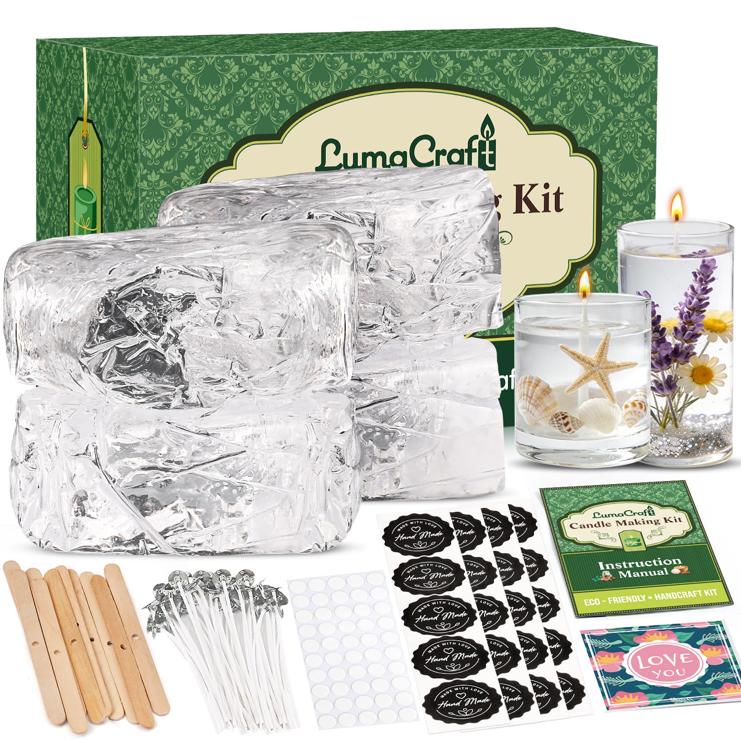 LumaCraft Klares Gelwachs zur Kerzenherstellung – 2000g Transparentes Jelly Wachs mit 50 Dochten, 50 Dochtklebern & 10 Dochthaltern, Natürliches DIY Gelkerzen Zubehör für Anfänger & Bastler