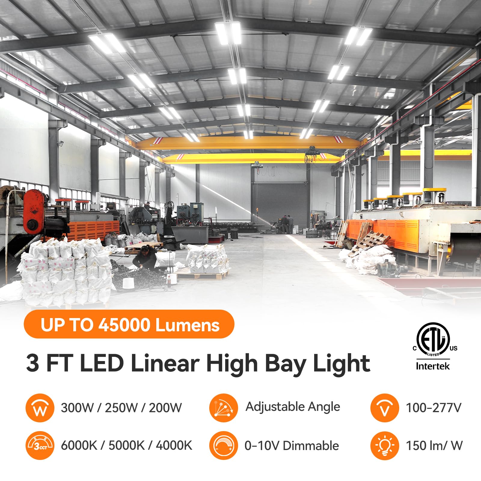 24-Pack 3FT 300W Linear High Bay Shop Lights 45000lm 6000K 5000K 4000K Switchable 0-10V dimmable 100-277V Adjustable Tilt — view 2