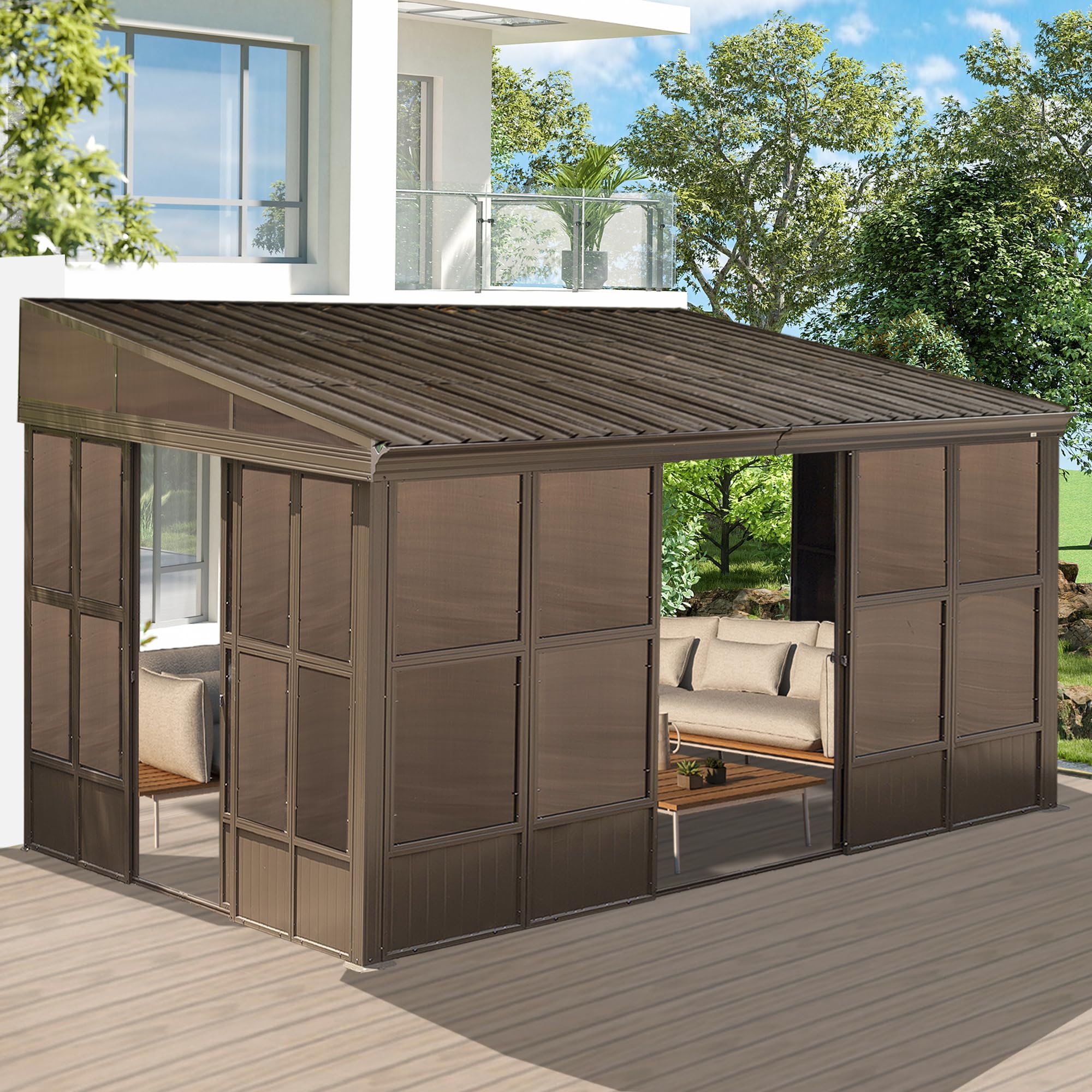 Domi 10x12FT Wall Mounted Sunroom, Against Wall Solarium with Galvanized Steel Sloping Roof, Detachable PVC Screen, Lockable Sliding Door, Lean-to