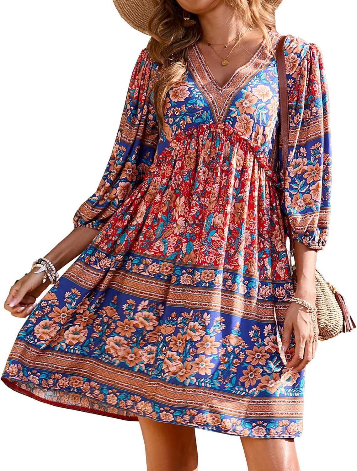 BTFBM Women Casual Spring Summer Dresses V Neck 3/4 Long Sleeve Ruffle Floral Flowy Boho Babydoll Mini Short Beach Dress