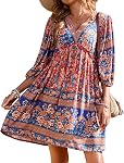 BTFBM Femmes Casual Printemps Robes d'été V Cou 3/4 manches longues Ruffle Floral Flowy Boho Babydoll Mini Robe courte de plage