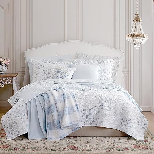 Shabby Chic - Juego de edredón tamaño Queen, ropa de cama de algodón reversible con fundas a juego, elegante decoración floral para el hogar