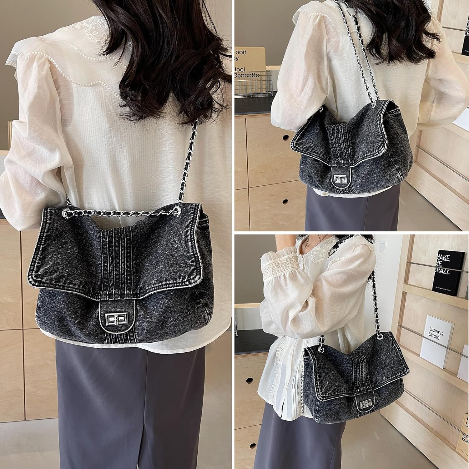 Denim Crossbody Bag Jean Purses for Women Denim Handbags Clutch Purse Shoulder Bags (A Black) - Image 2