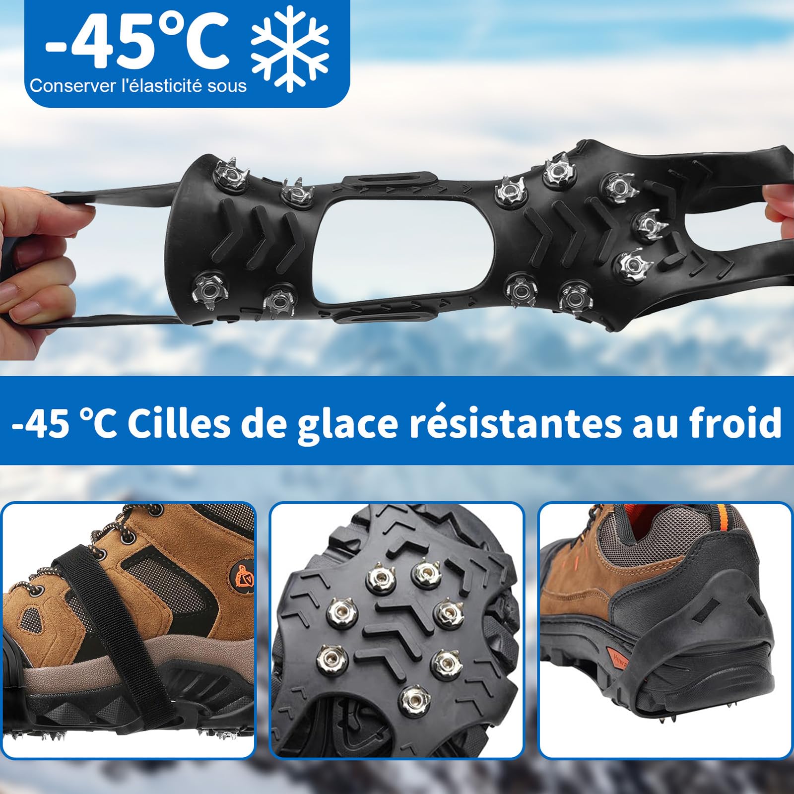 Crampons Chaussures Anti Verglas Neige et Glace Traction Antidérapant Universelles pour Hiver Randonnée Pêche