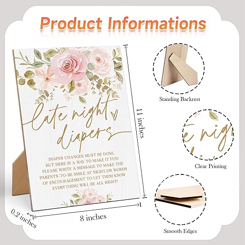 Miniatura 2 de Letrero de pañales de Baby Shower Games Late Night de 8 x 11 pulgadas, letrero de madera floral, decoración de mesa neutra de género para fiesta de
