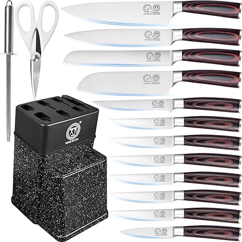 XYJ Auténtico desde 1986, juego de bloque con cuchillos de cocina, juego de cuchillos de cocina con soporte, tijeras, juego de cuchillos de chef