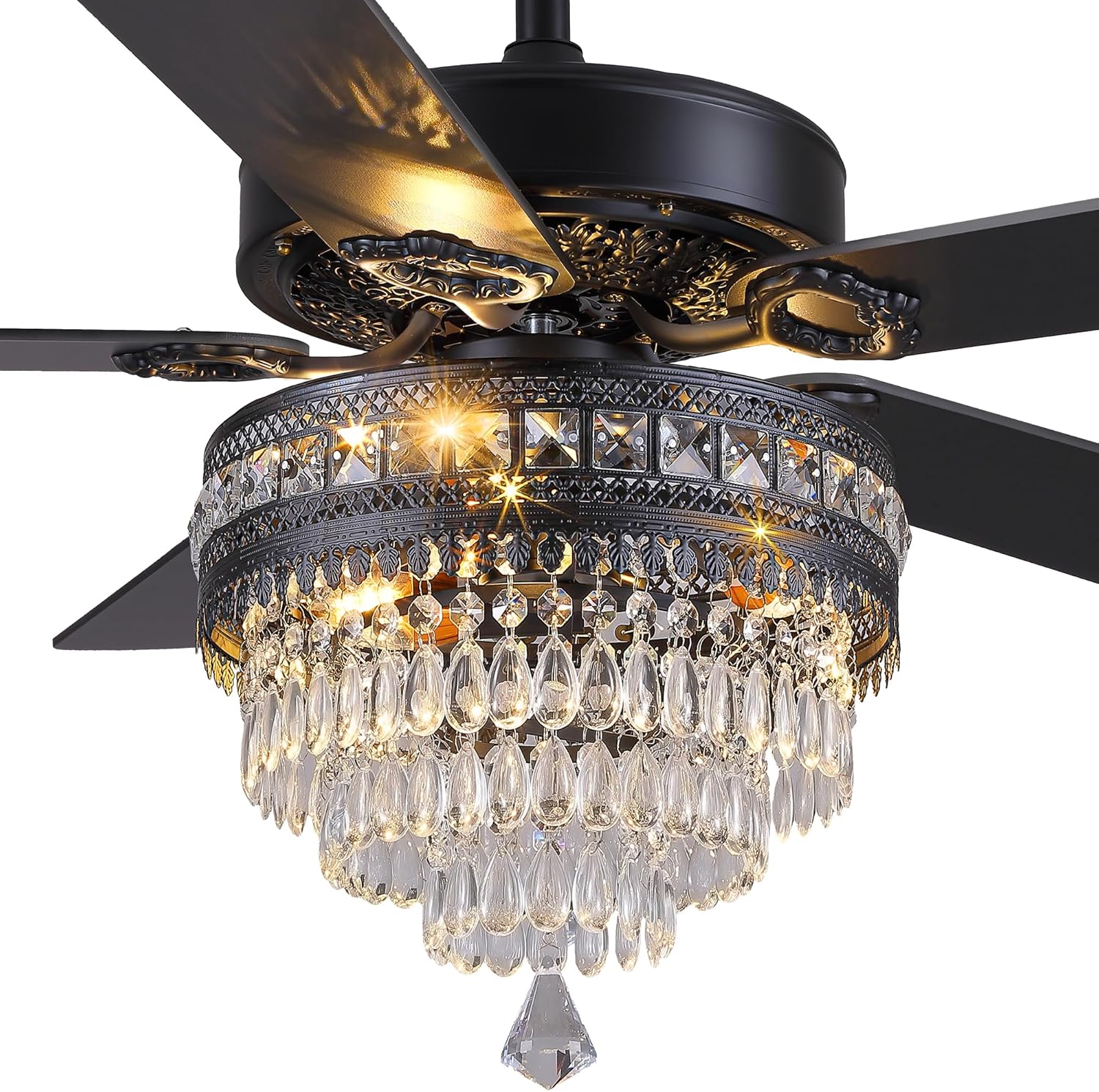 Crystal Ceiling Fan Fandelier with Lights-Retro Outdoor Fans with Remote Control,Farmhouse Ceiling Fan with Noiseless AC Reversible Motor,Dining Room,Living Room(52" Black)