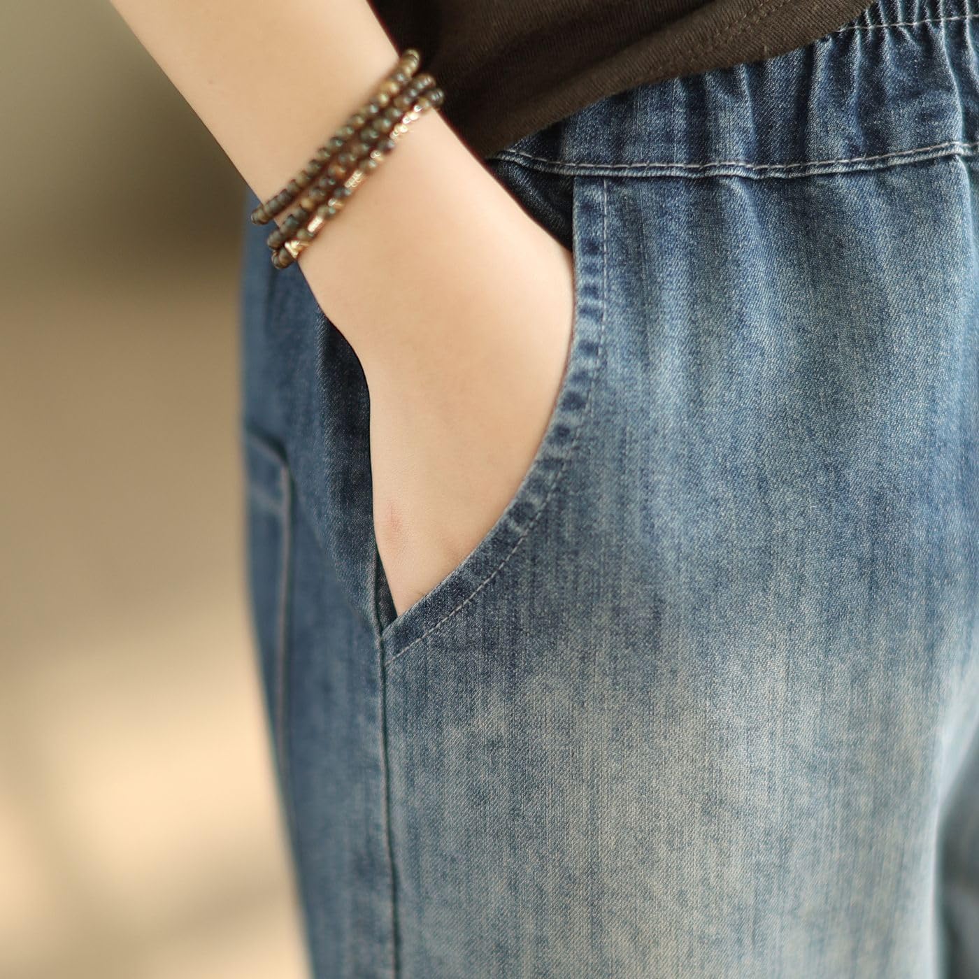 Women's Casual Floral Embroidered Jeans Elastic Waist Long Pants